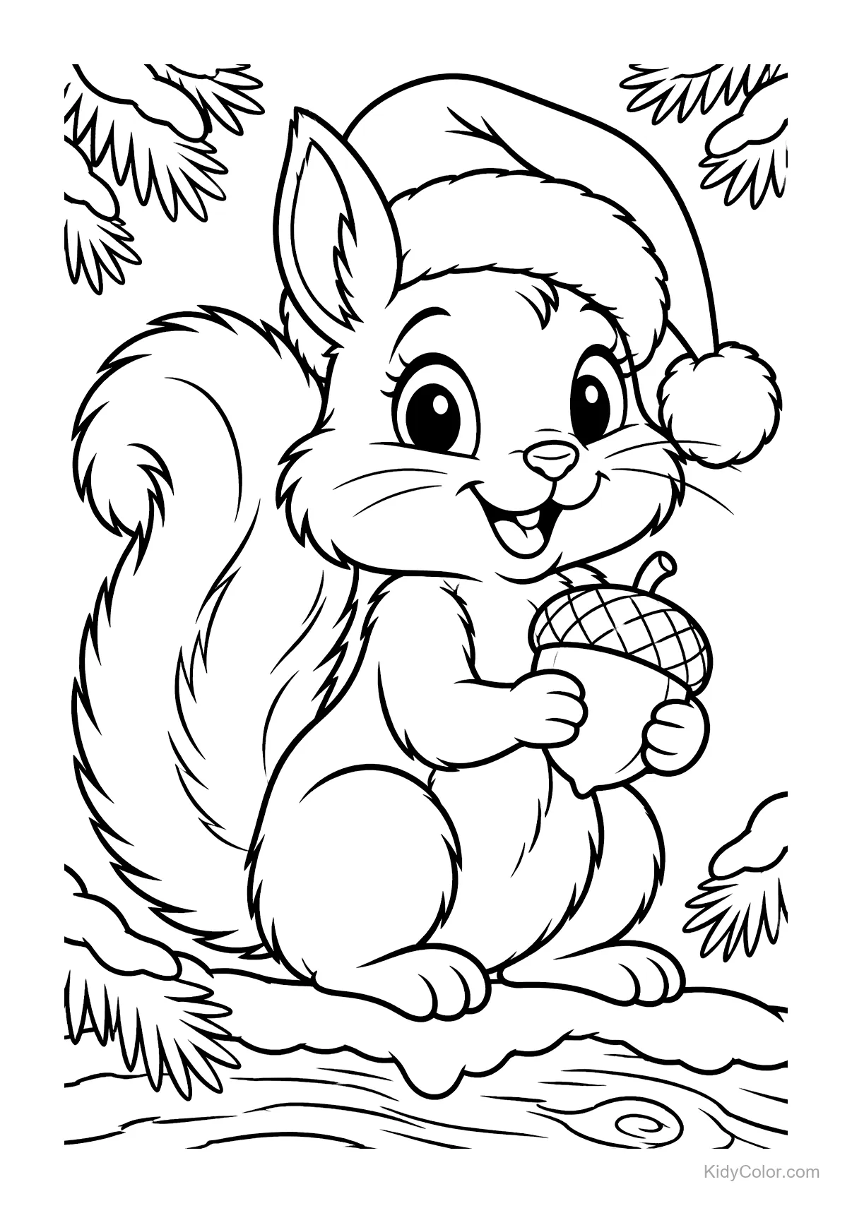 A squirrel wearing a Santa hat holds an acorn on a snowy log.