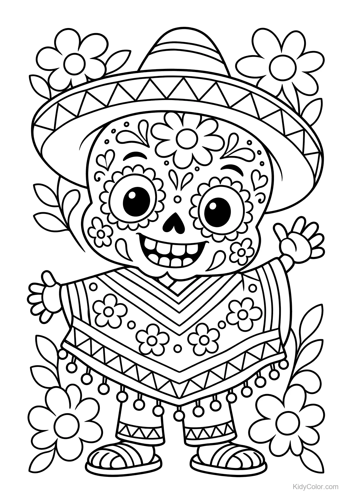 Calavera festiva con poncho floral y flores alrededor.