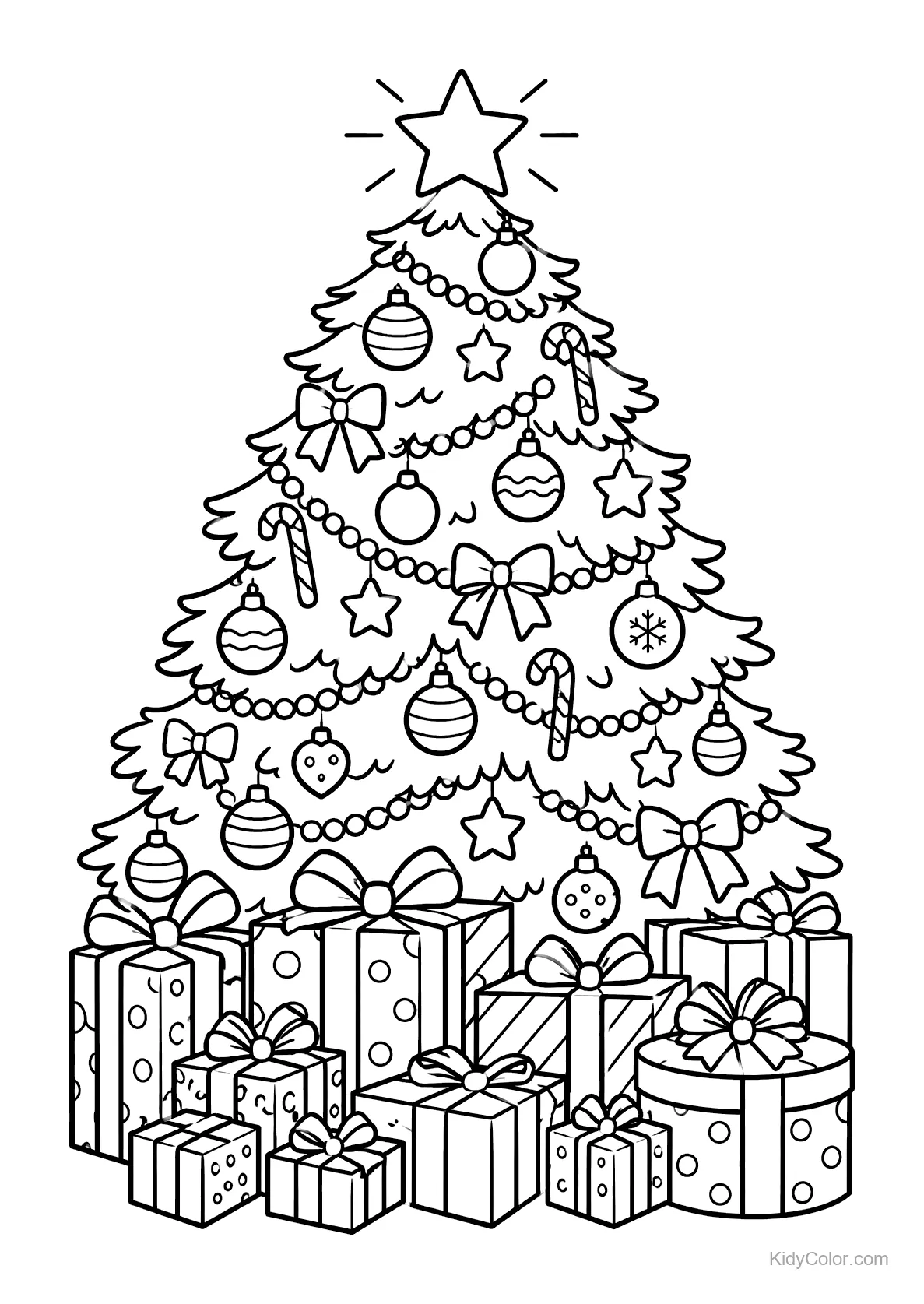 Árbol de Navidad con decoraciones y regalos debajo.