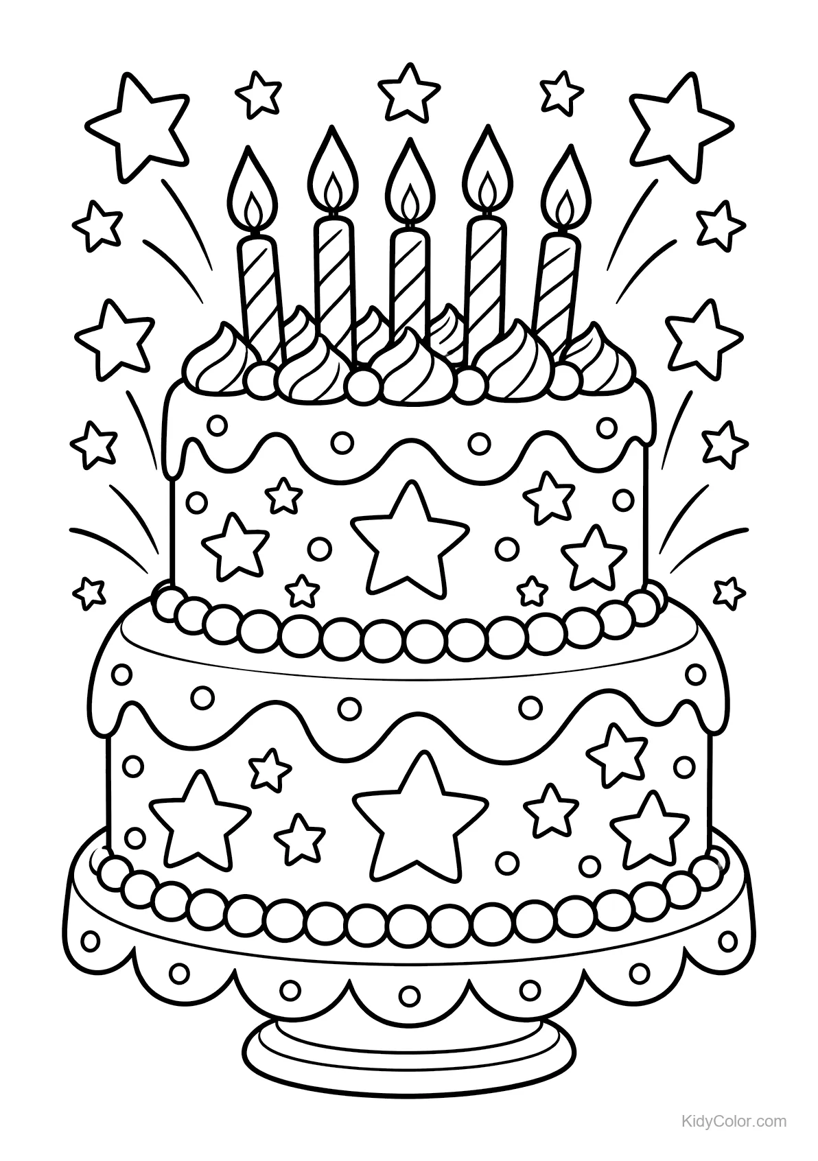 A two-tier birthday cake with five candles and star decorations.