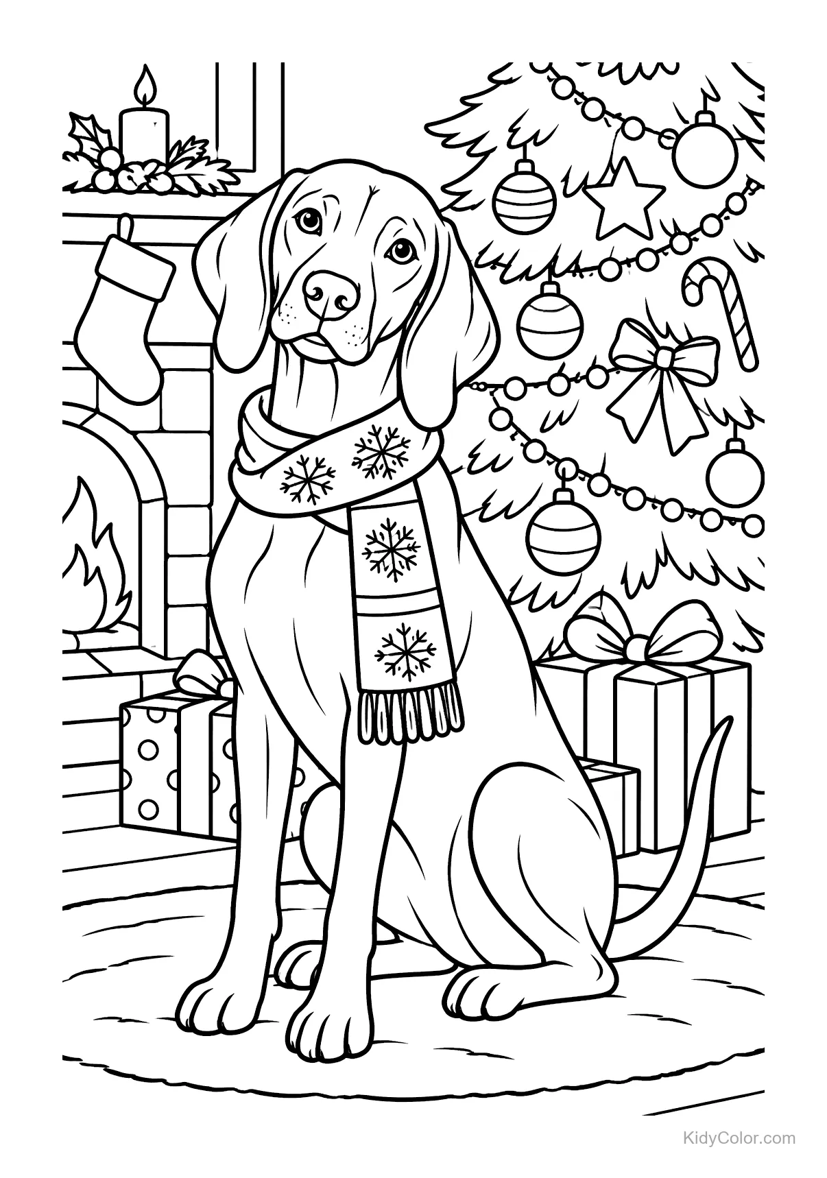 A Vizsla dog wearing a scarf sits by a Christmas tree with gifts.