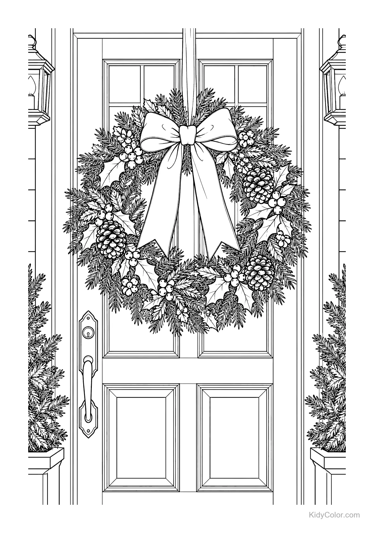A festive wreath hangs on a classic door, decorated with a bow and pine cones.