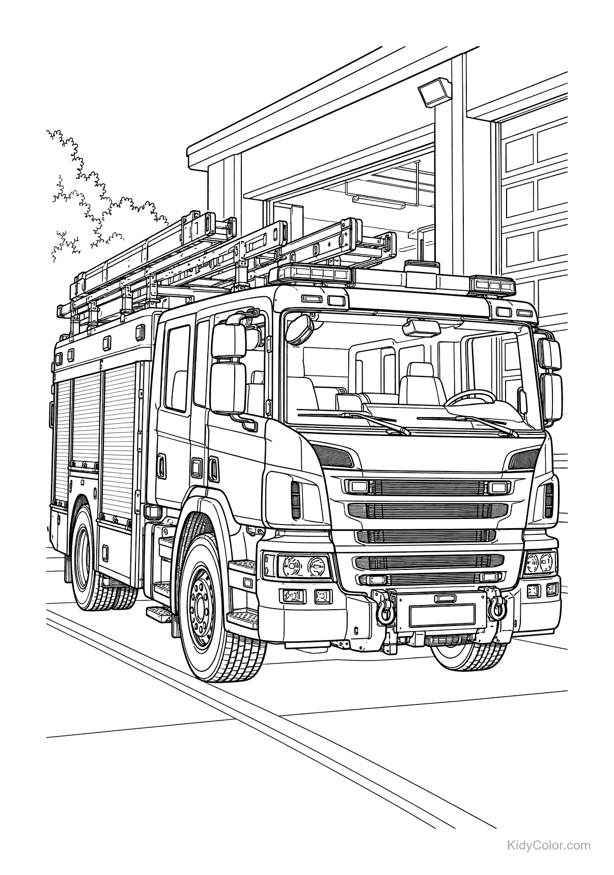 A fire engine parked outside a fire station, showing details like ladders and wheels.