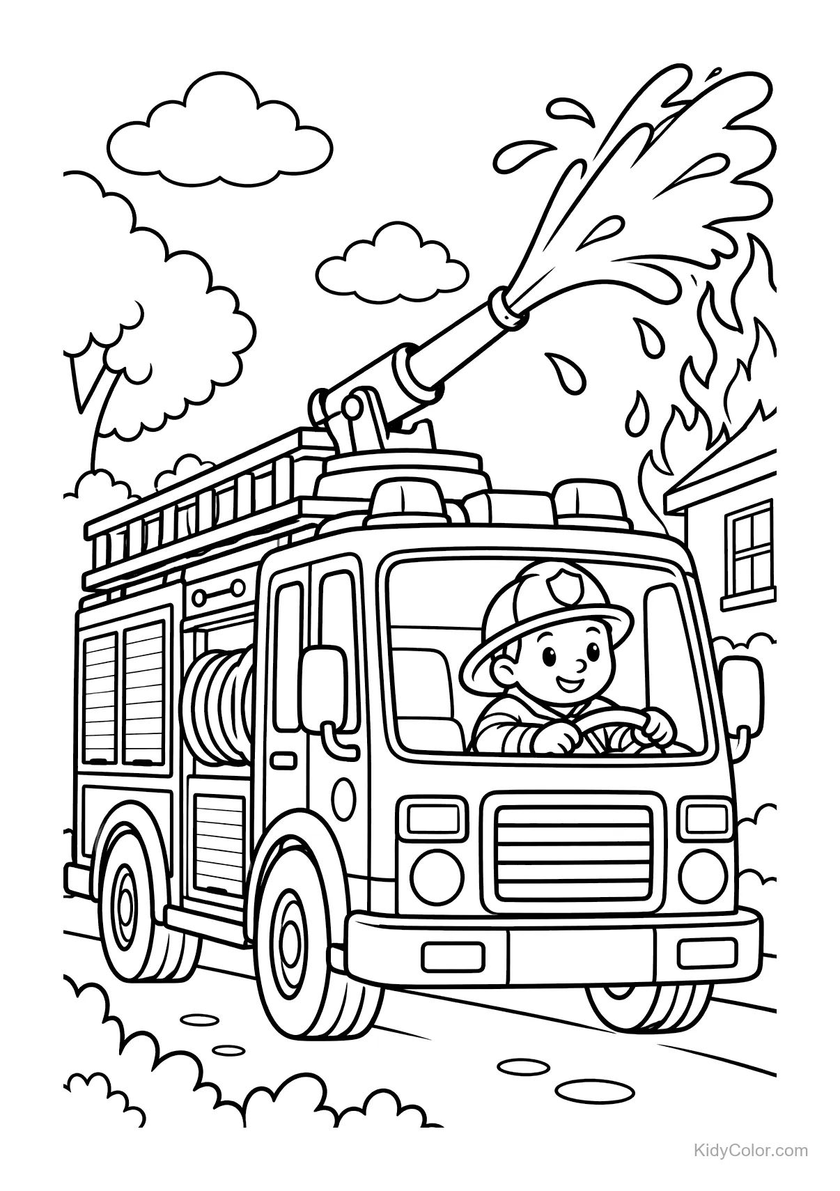 Fire truck spraying water at fire with a firefighter driving.