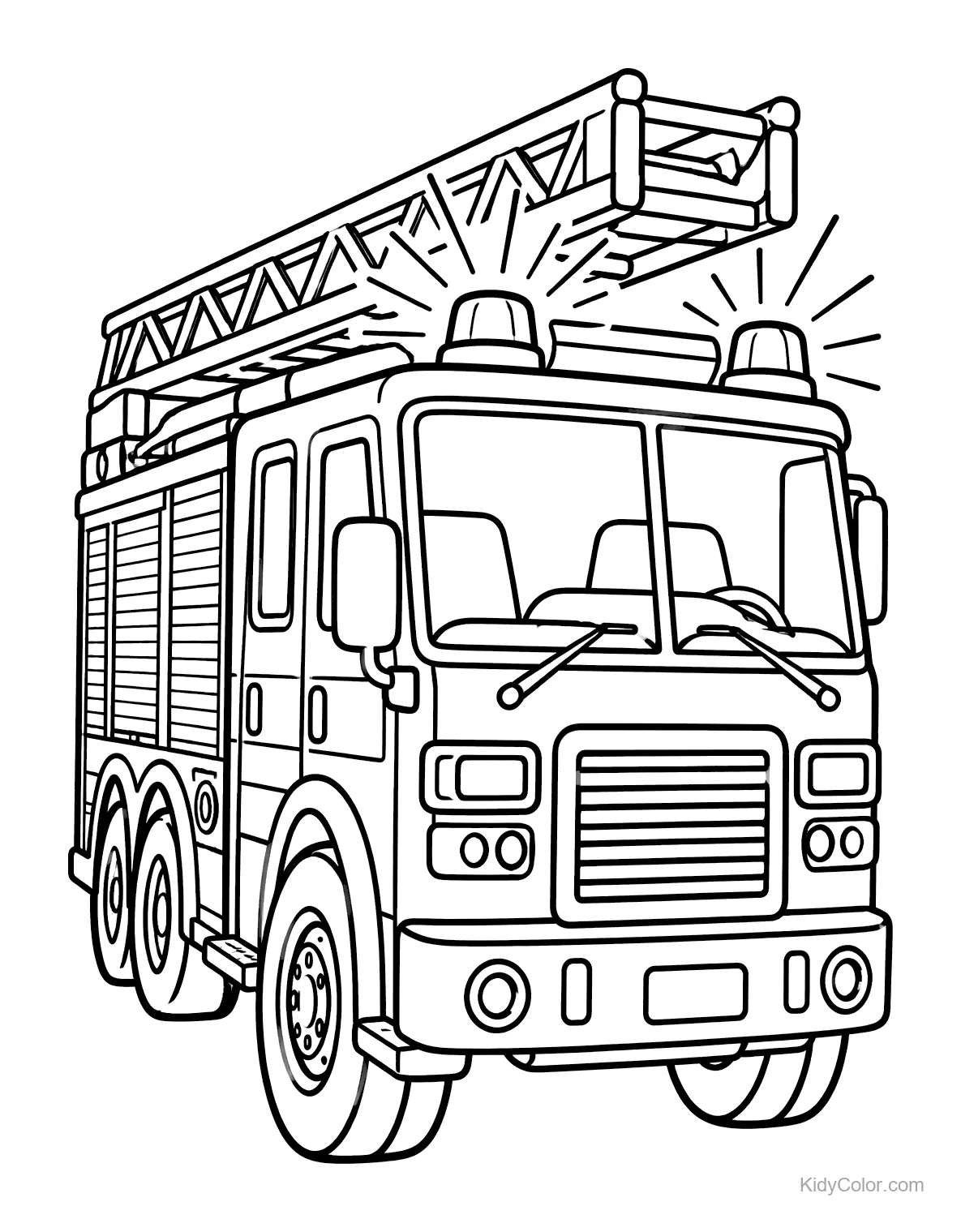 A fire truck with a raised ladder and flashing lights drawn in line art.