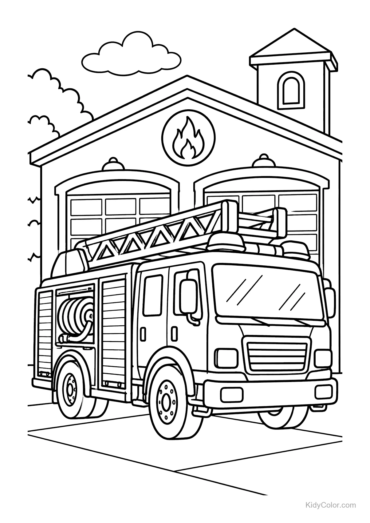 Leiterwagen vor einer Feuerwache mit zwei Toren geparkt.