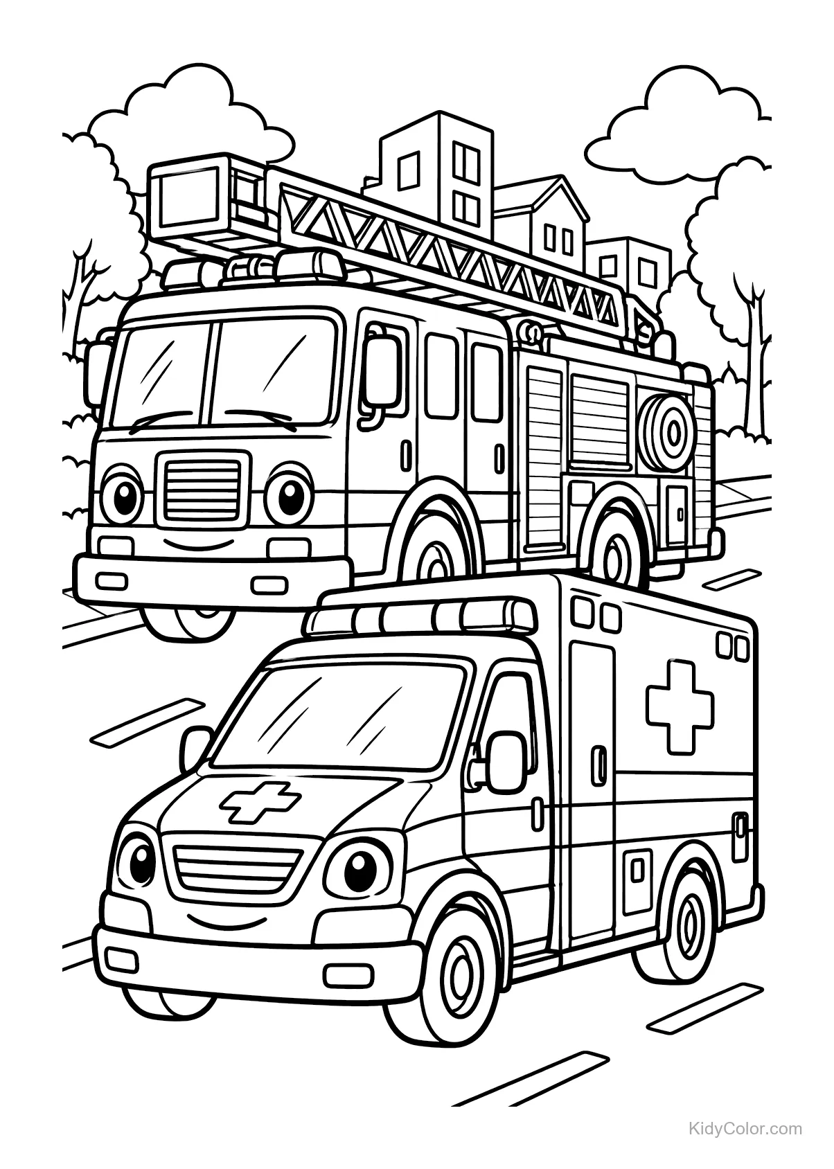 Caminhão de bombeiros e ambulância em uma rua com casas ao fundo.