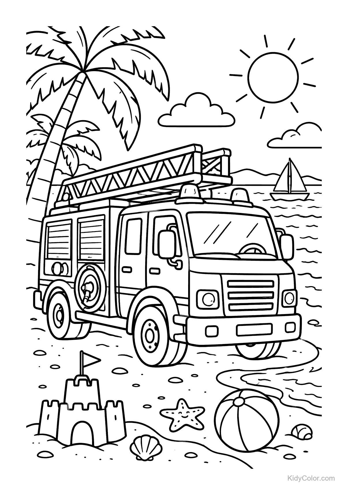 Fire truck on a beach with palm trees, sandcastles, and a ball.
