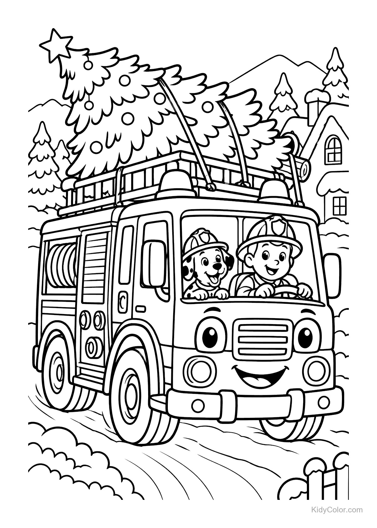 Fire truck with a tree and two characters driving.