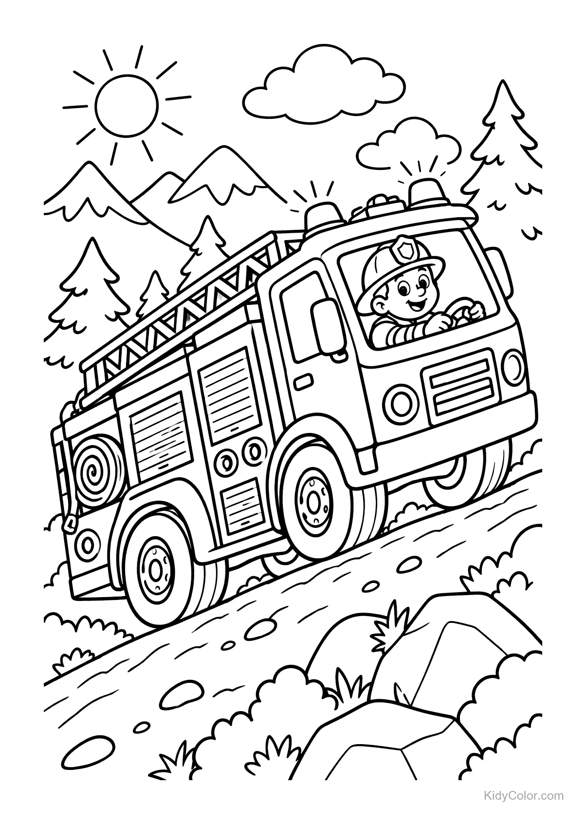 Fire truck on a mountain road with a firefighter in a forest setting.