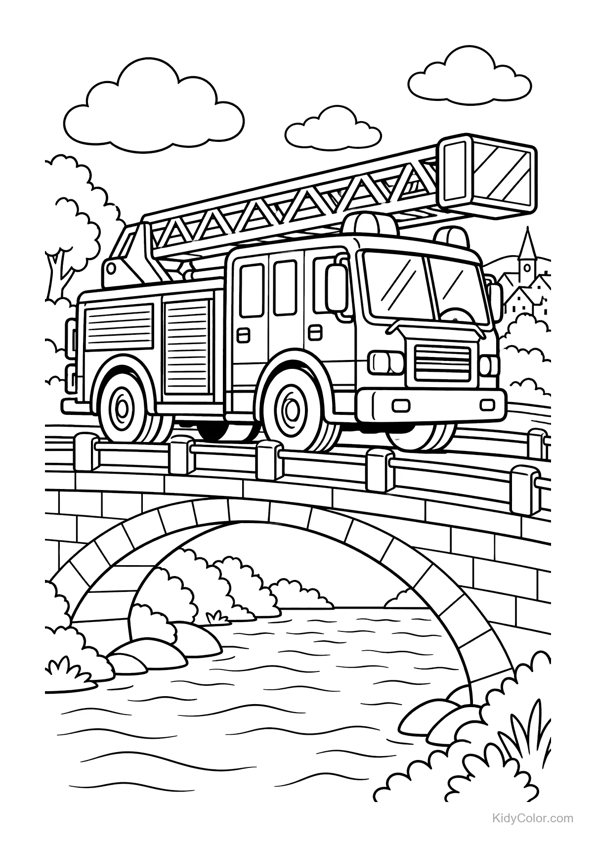 Fire truck crossing a stone bridge over a river.