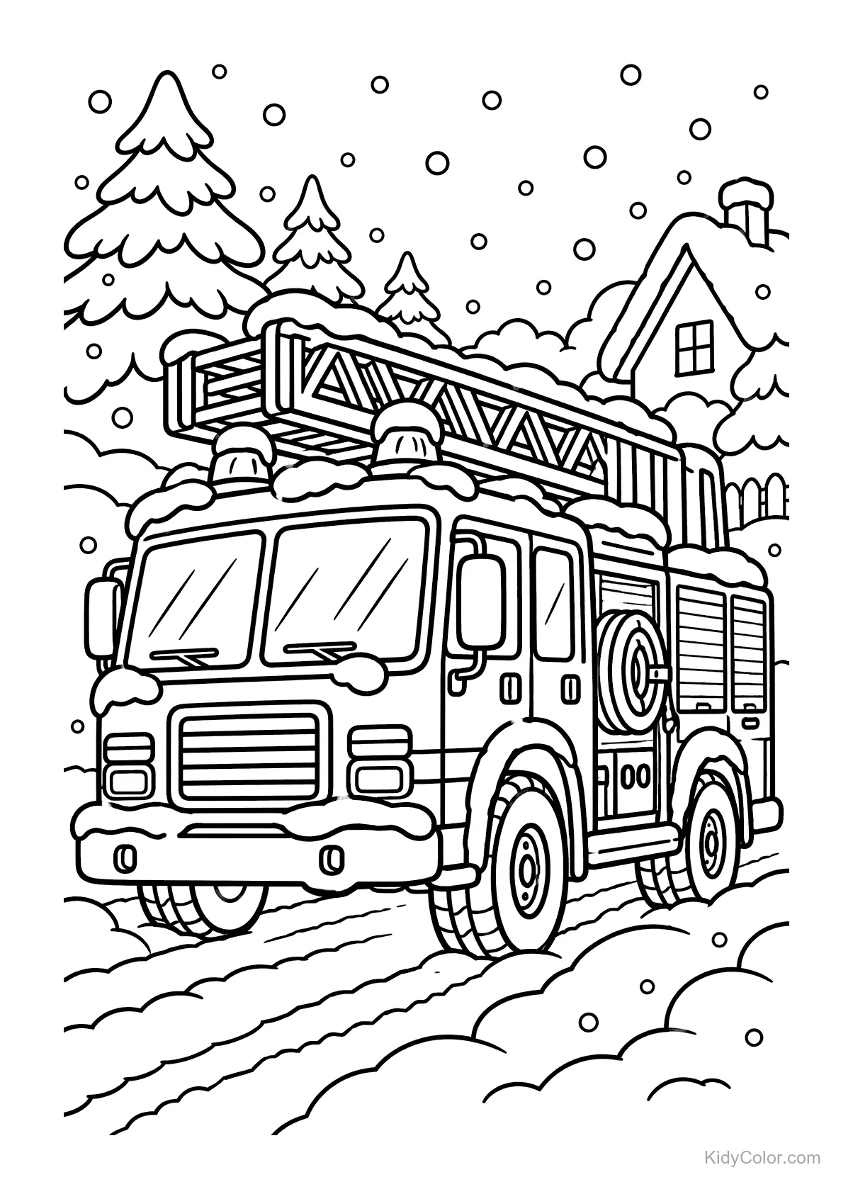 Fire truck driving on snowy road with trees and house.