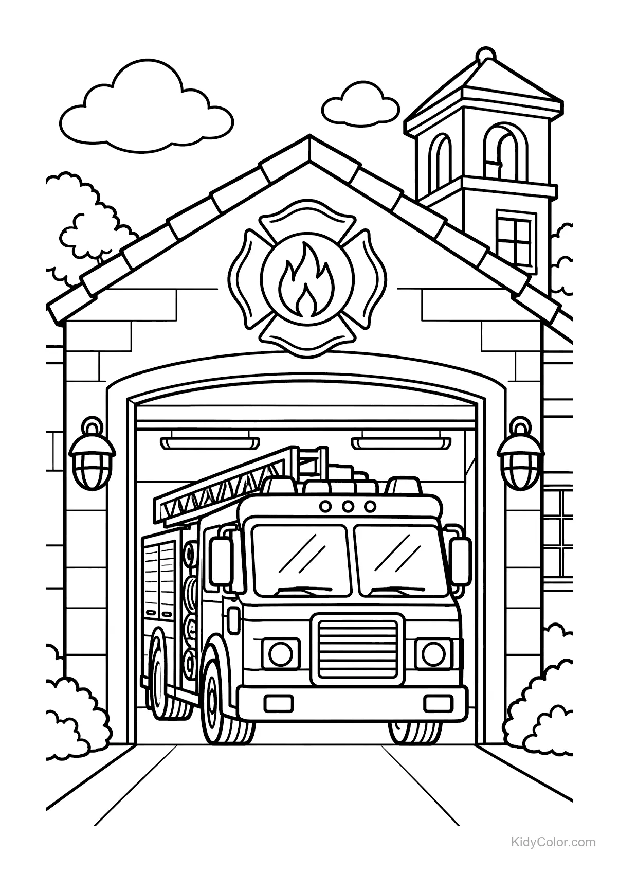 A fire truck in front of a fire station with a bell tower.