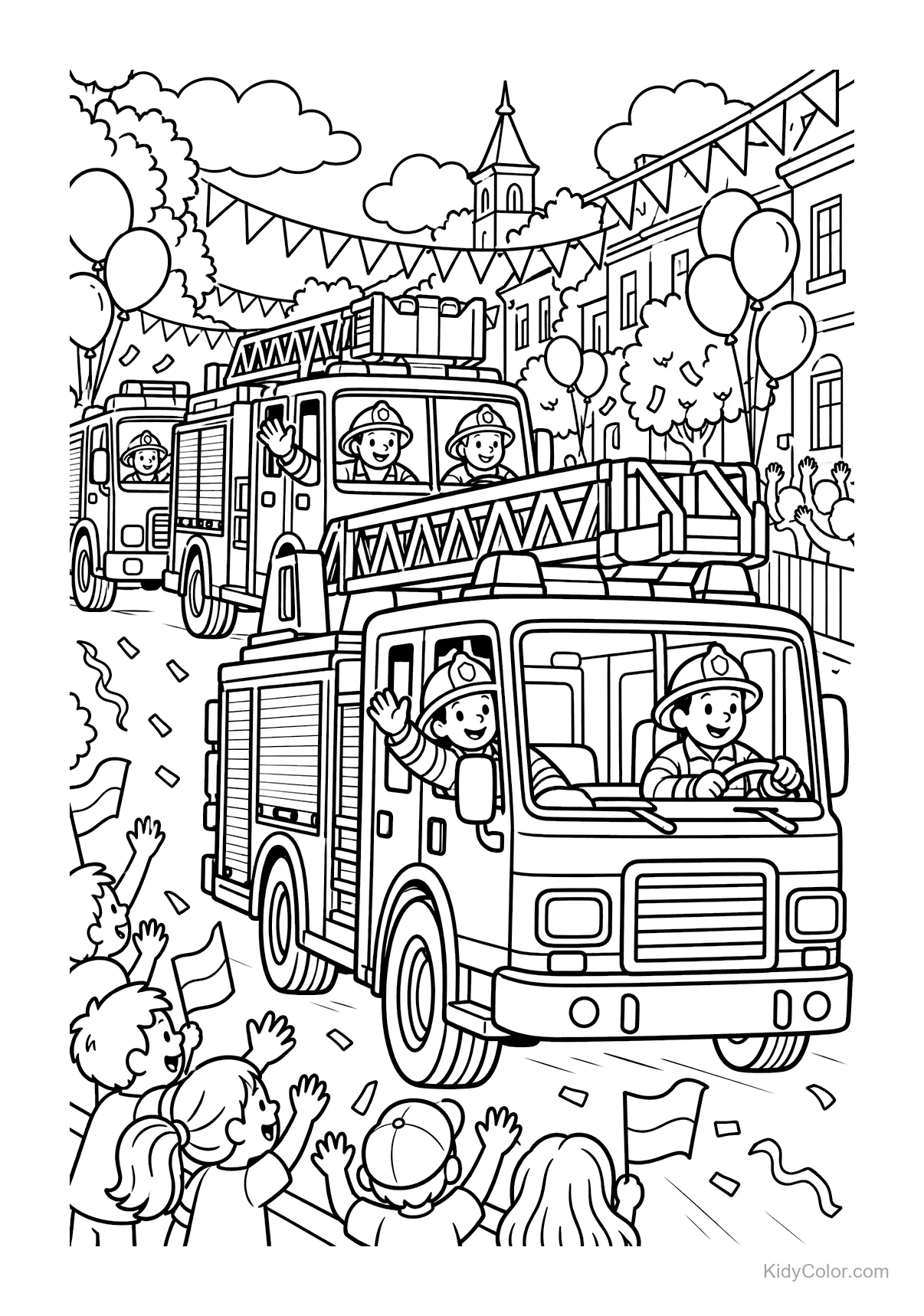 Fire trucks in a parade with waving firefighters and cheering crowds.