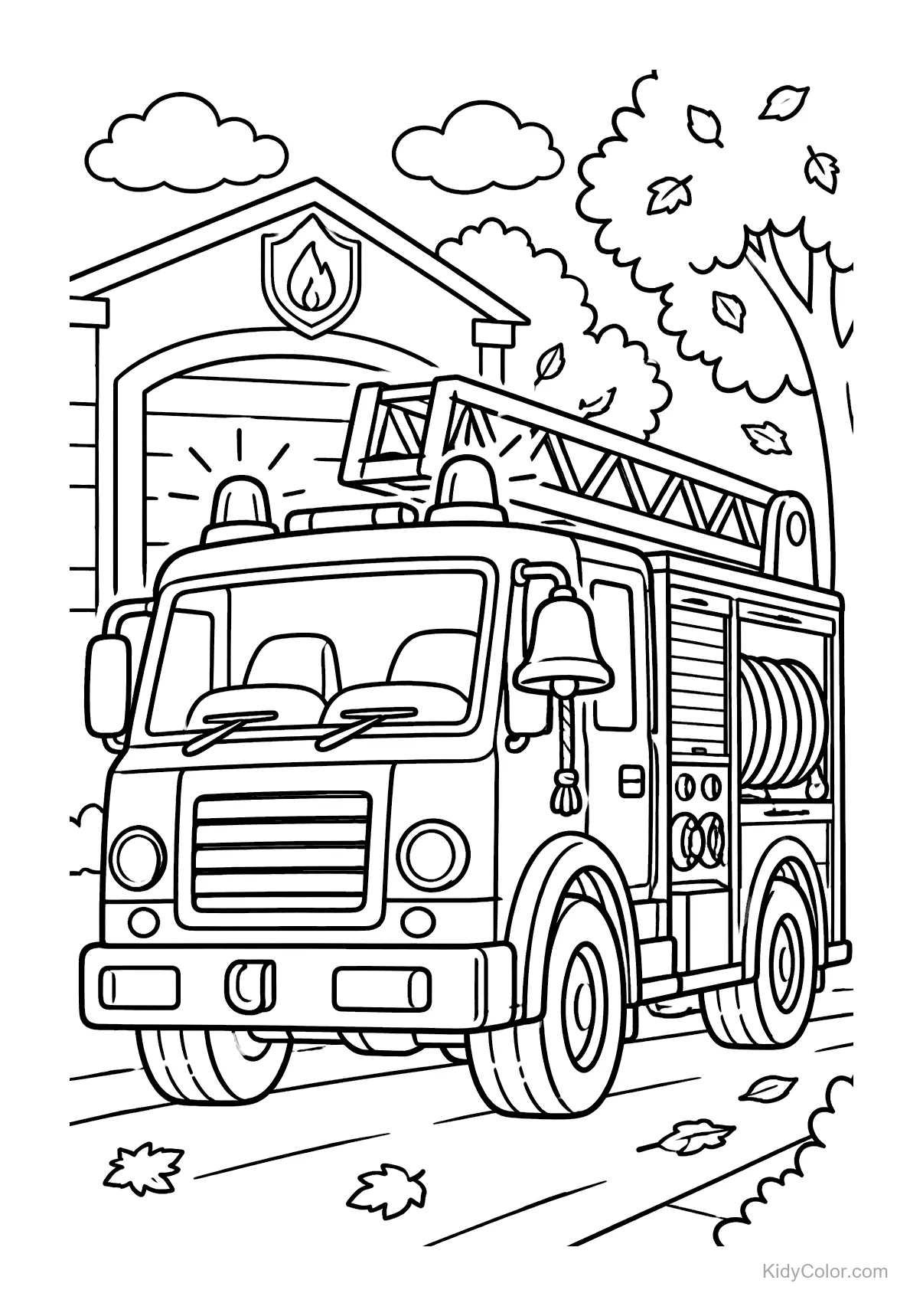 Fire truck parked in front of a fire station with trees and leaves.