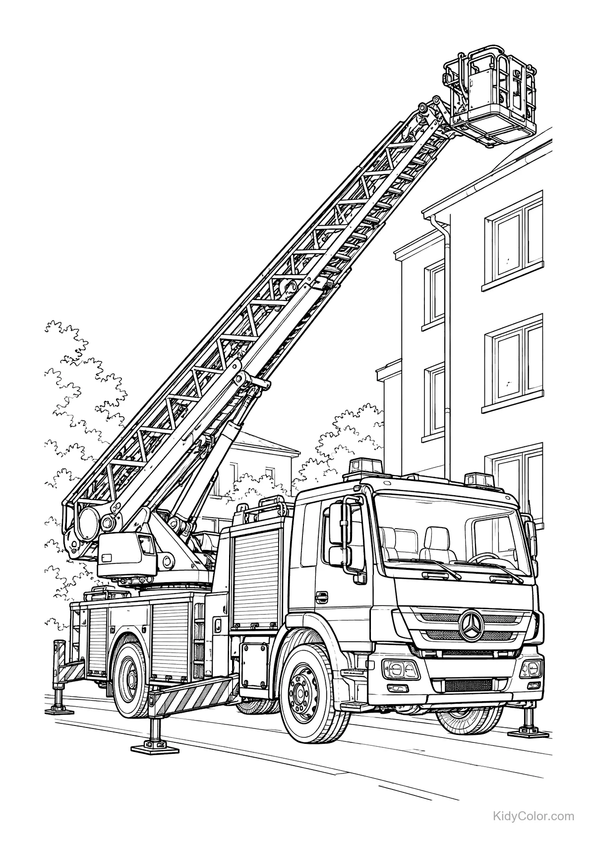 Fire truck with extended ladder next to a building.