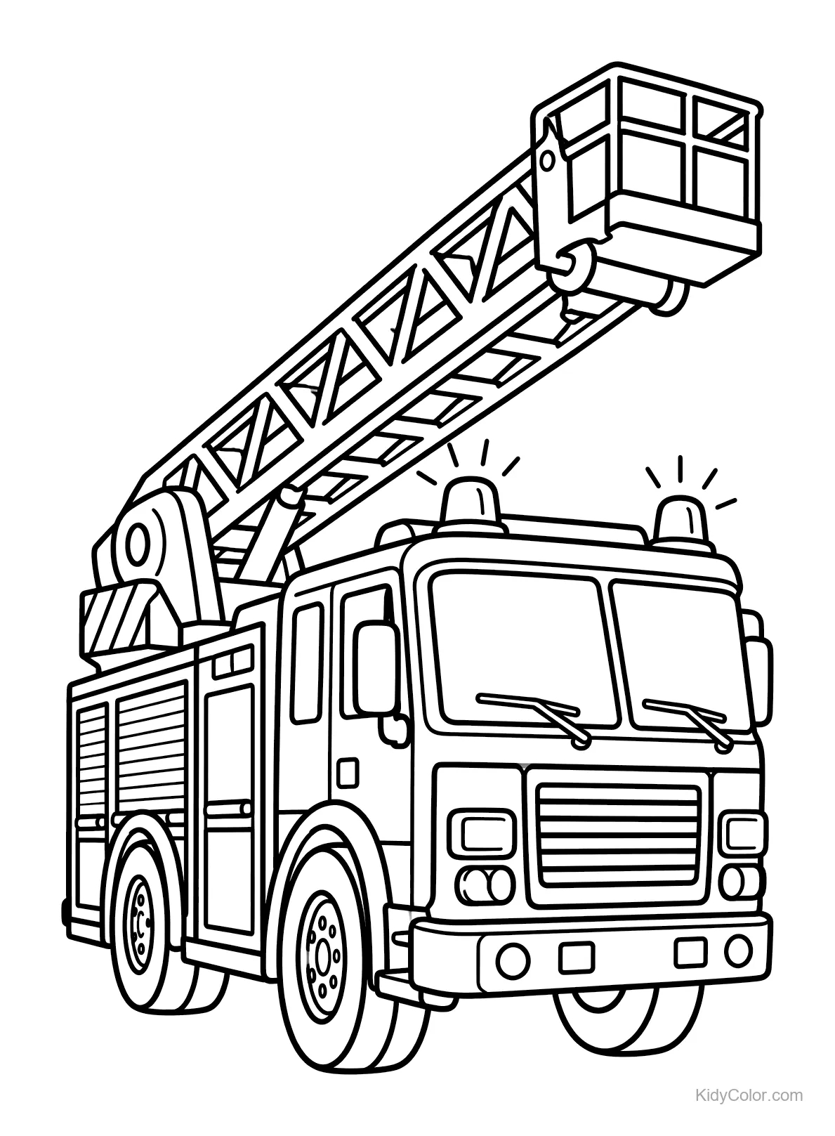 A cartoon fire truck with an extended ladder and spotlight.