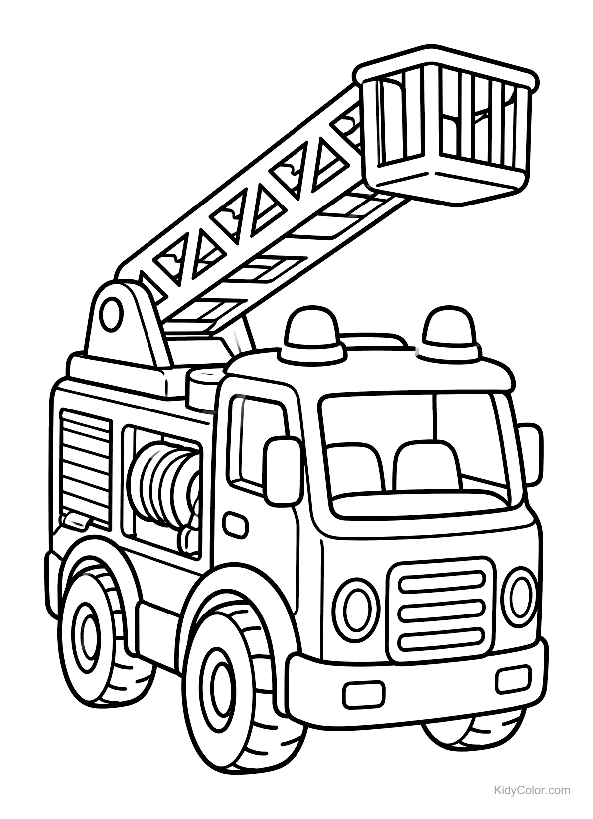 Fire truck with a raised ladder, hose, and lights.