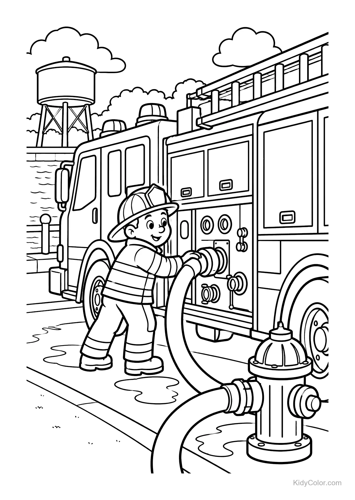 Firefighter connects a hose to a fire truck near water.