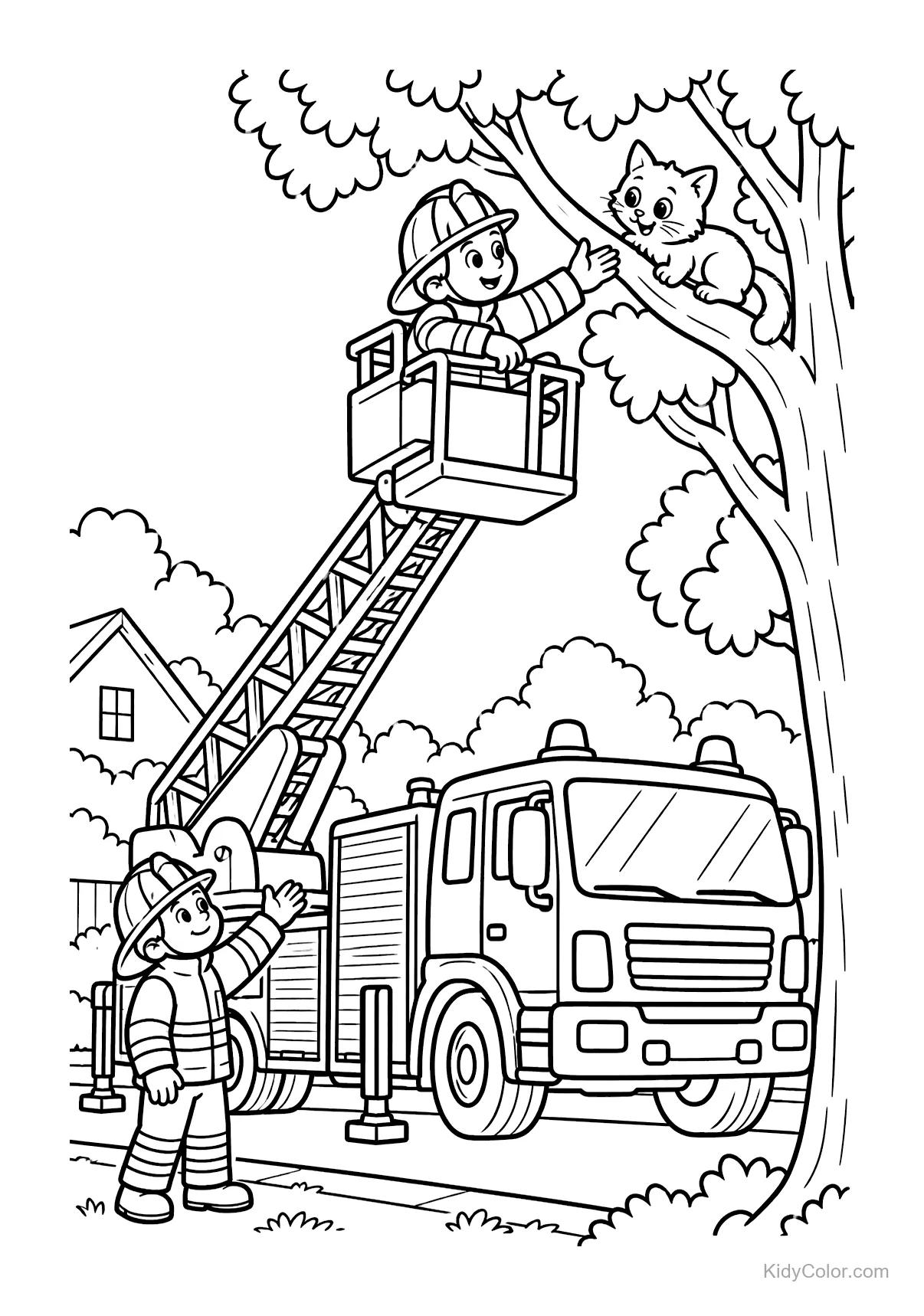 Firefighter in ladder truck rescuing a cat from a tree.