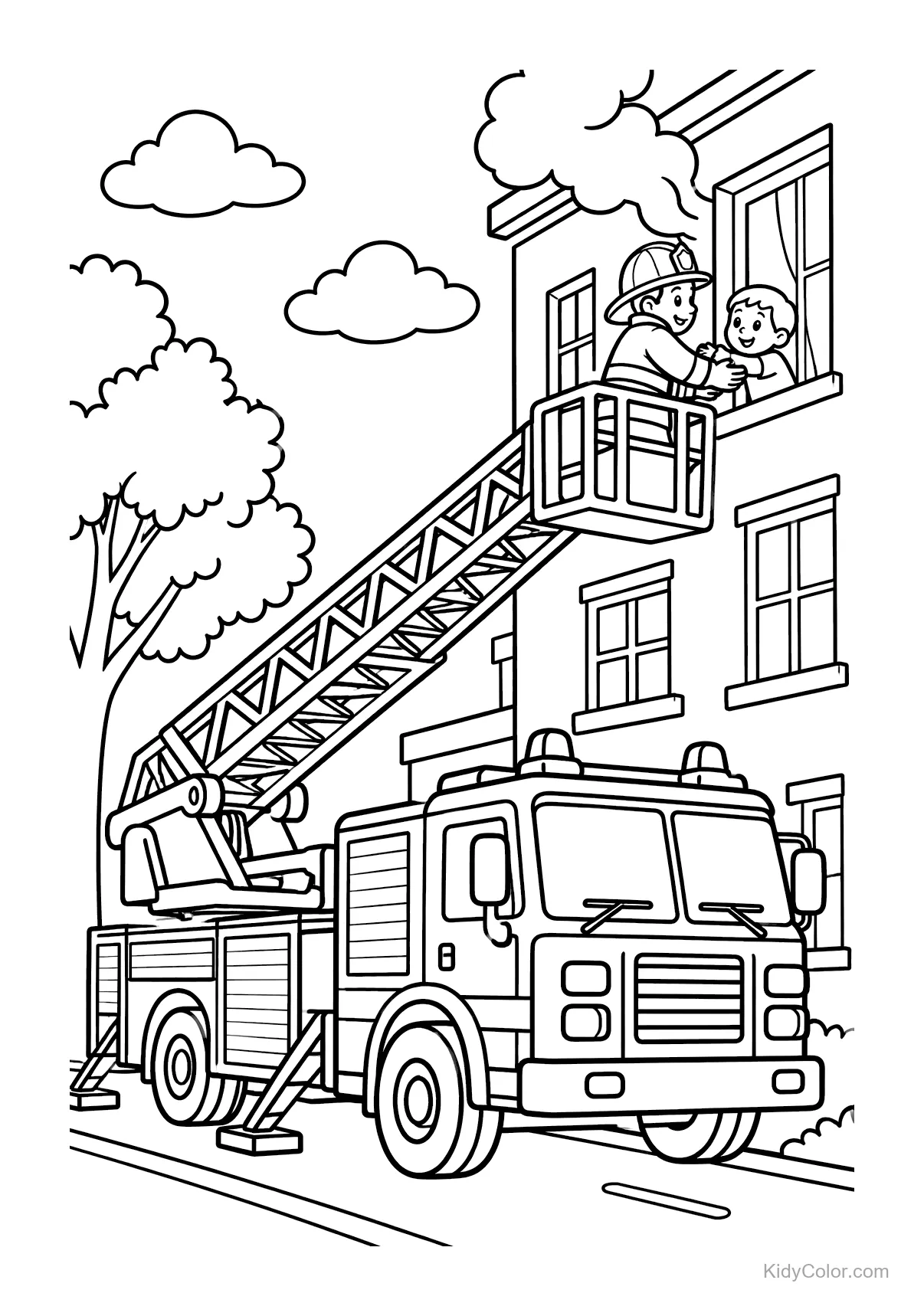Firefighter on a ladder truck rescuing a child from a window.