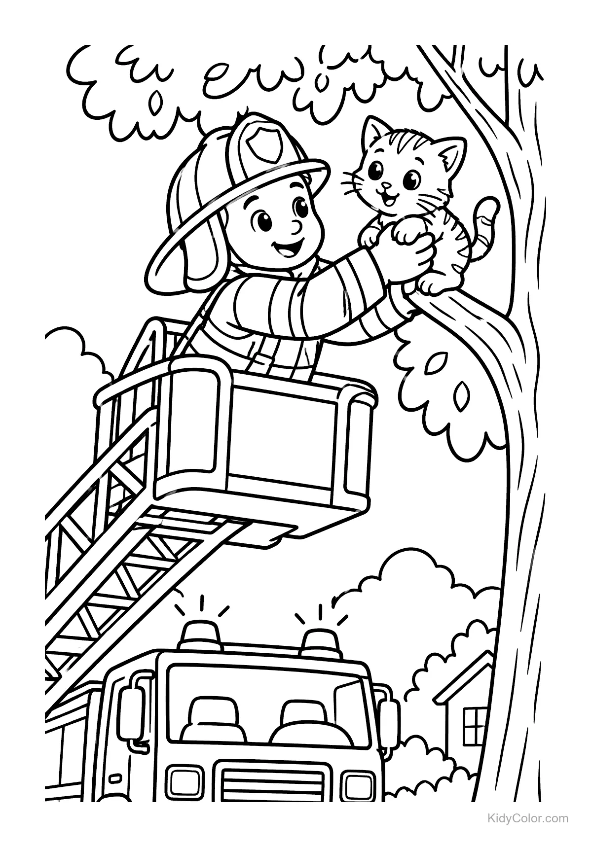 Firefighter in fire truck ladder rescuing a kitten from a tree.