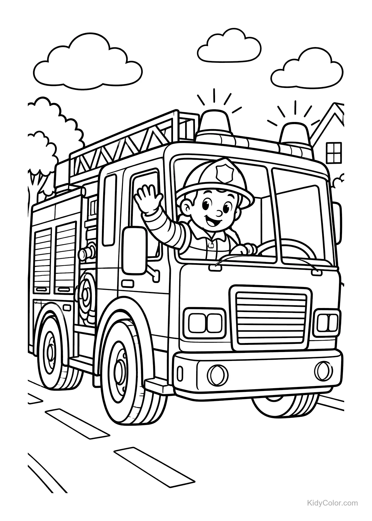 Firefighter waving from a fire truck driving on a street.