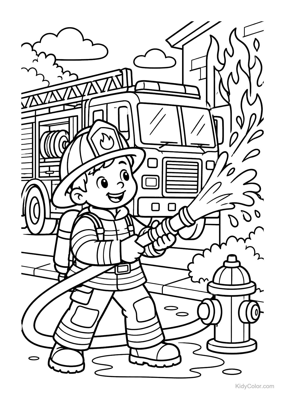 Firefighter in uniform using a hose to put out a fire, with a fire truck behind.