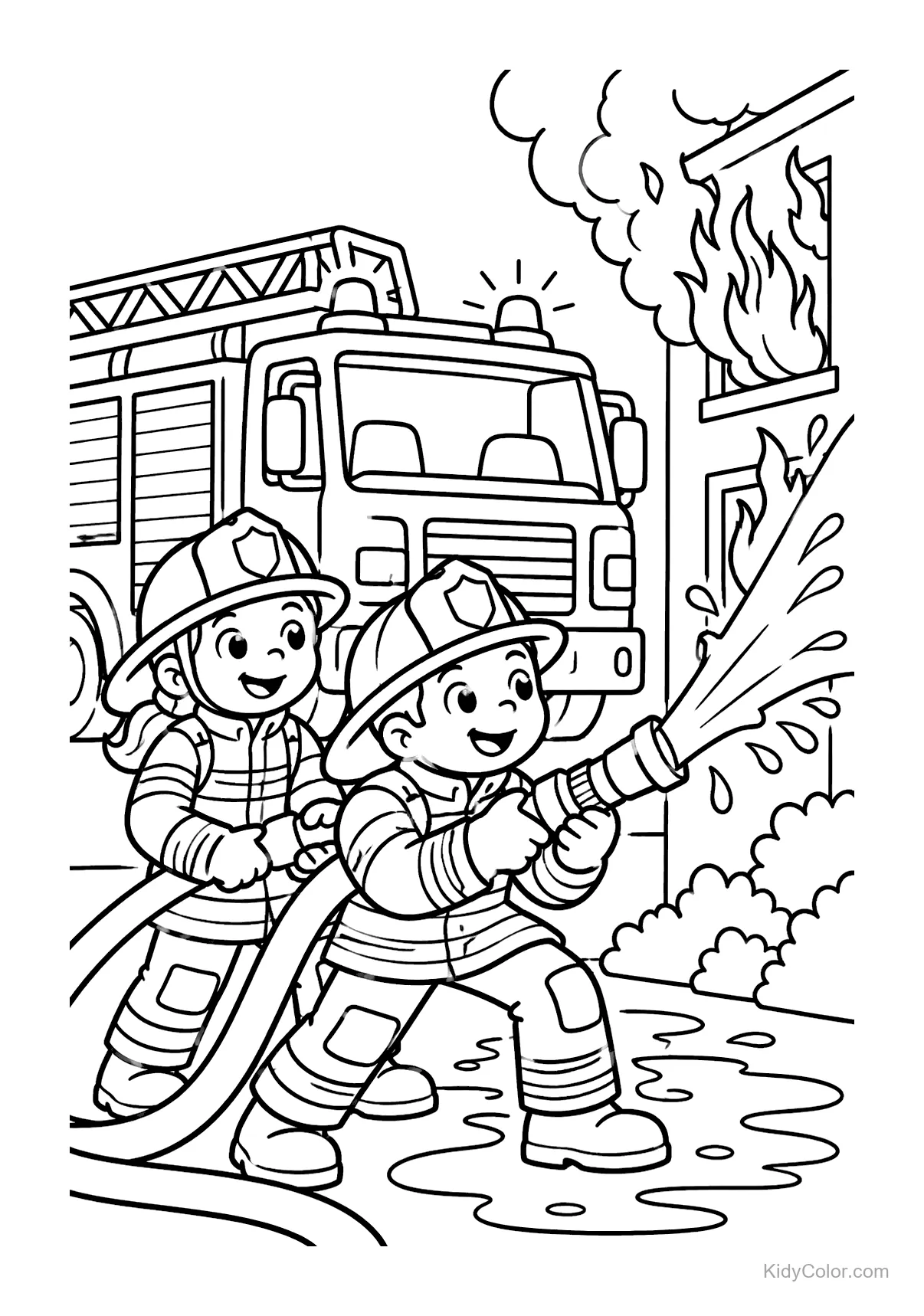 Firefighters spraying water at a house fire with a fire truck nearby.