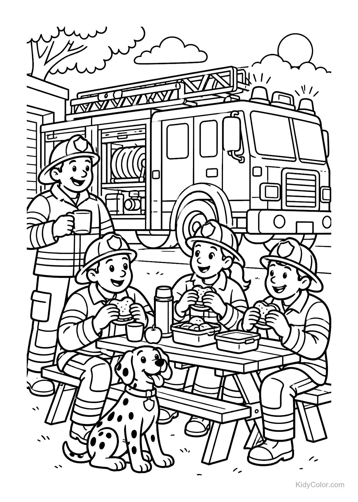 Bomberos en una mesa de picnic con un camión de bomberos y un dálmata.