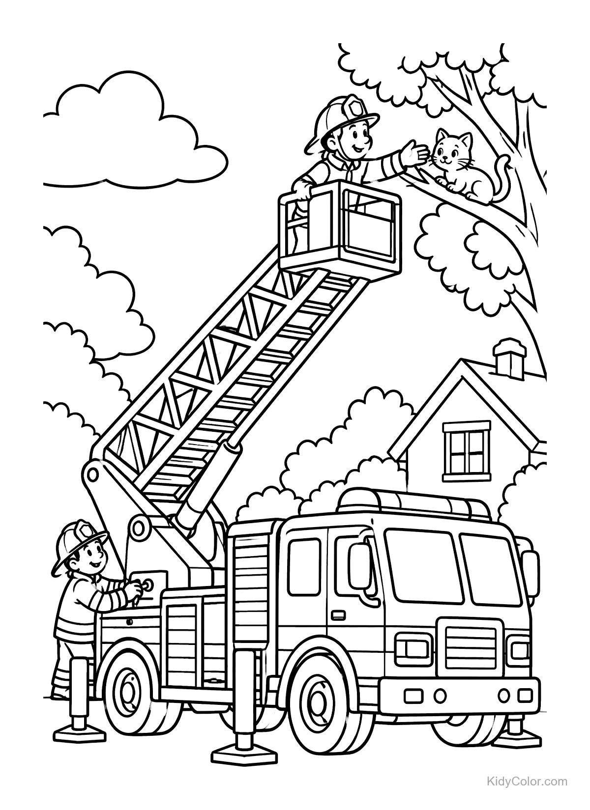 Bomberos en un camión con escalera rescatando un gato de un árbol.