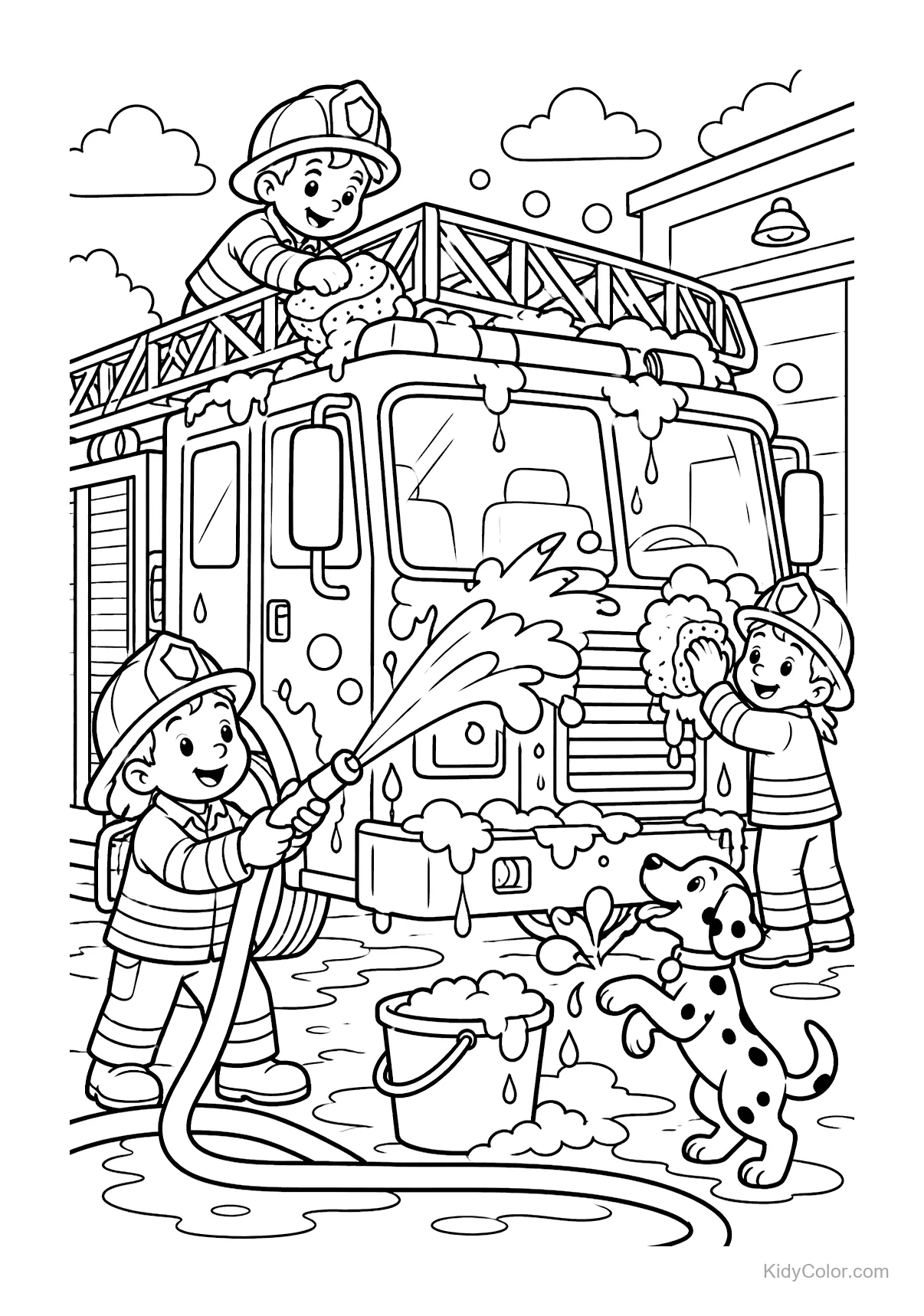 Three firefighters and a dog washing a fire truck with soap.