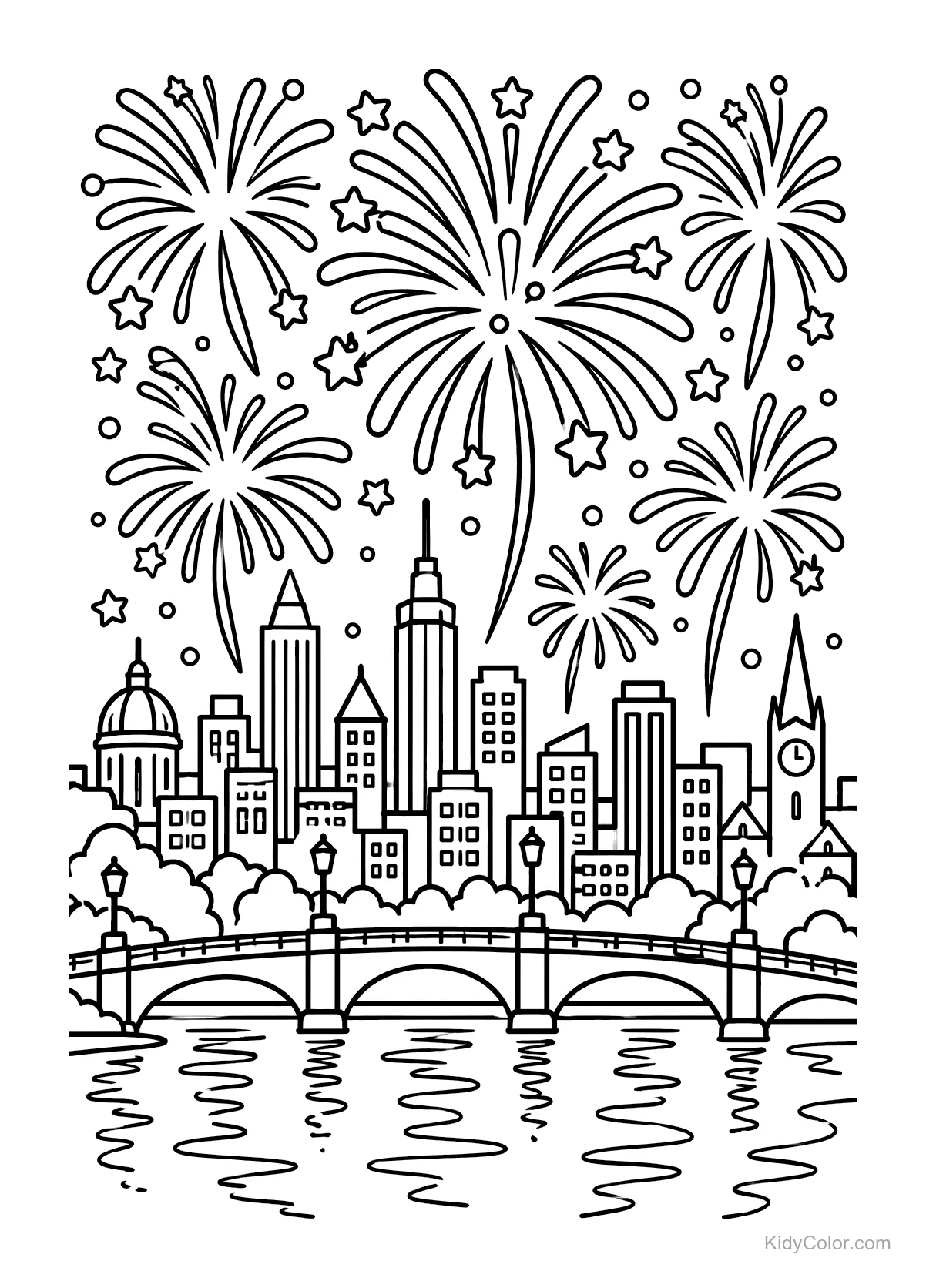 Fireworks explode over a city bridge with buildings and reflections.