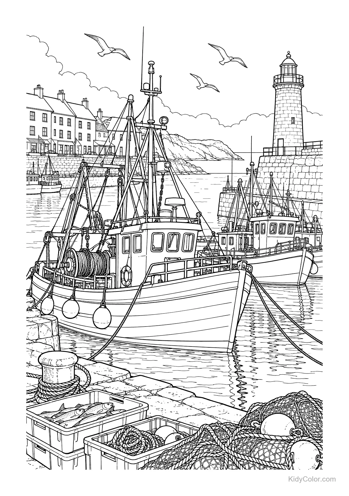 Fishing boats at a coastal harbour with a lighthouse, nets, and birds.