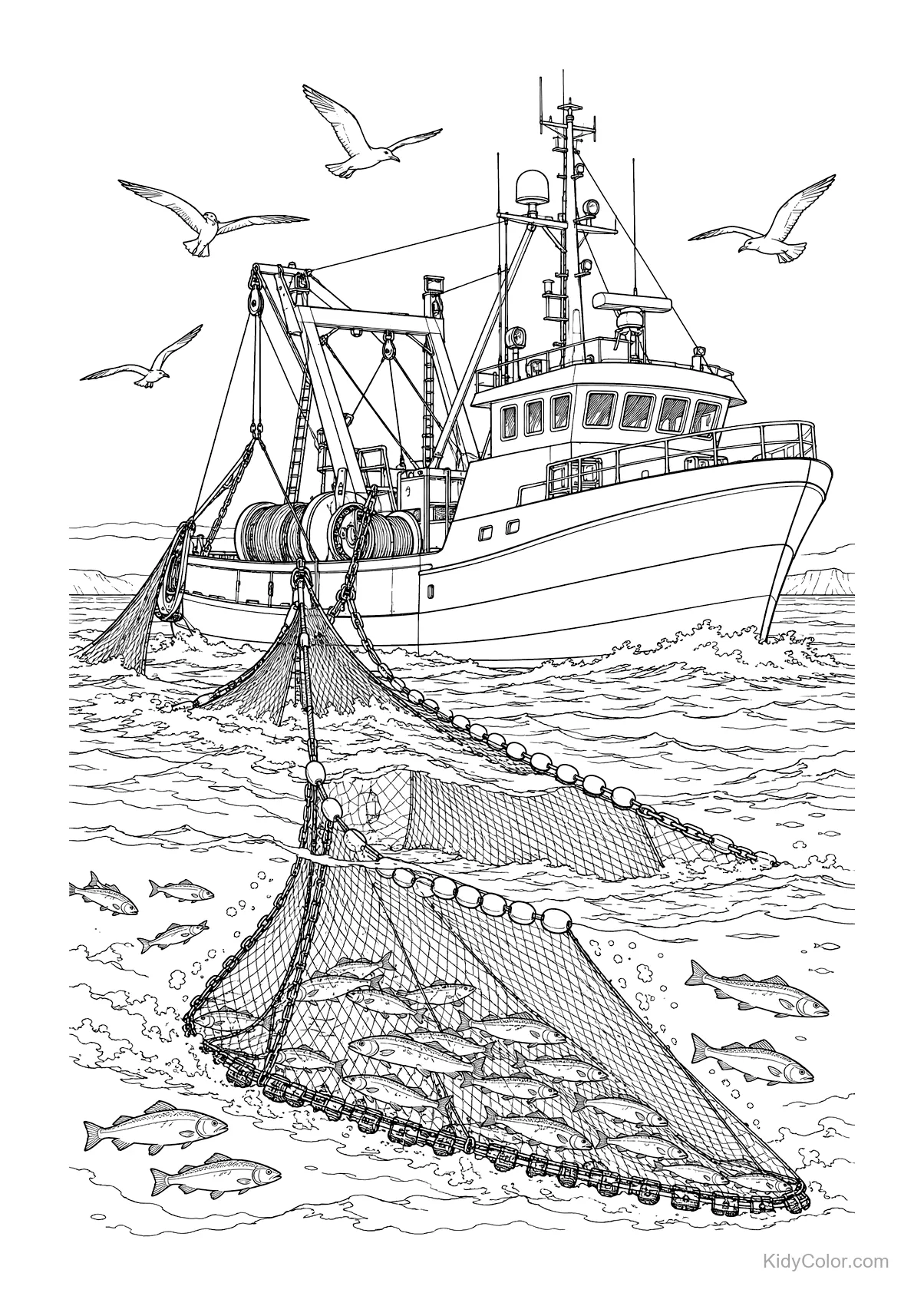 Fishing trawler with net full of fish and seagulls above.