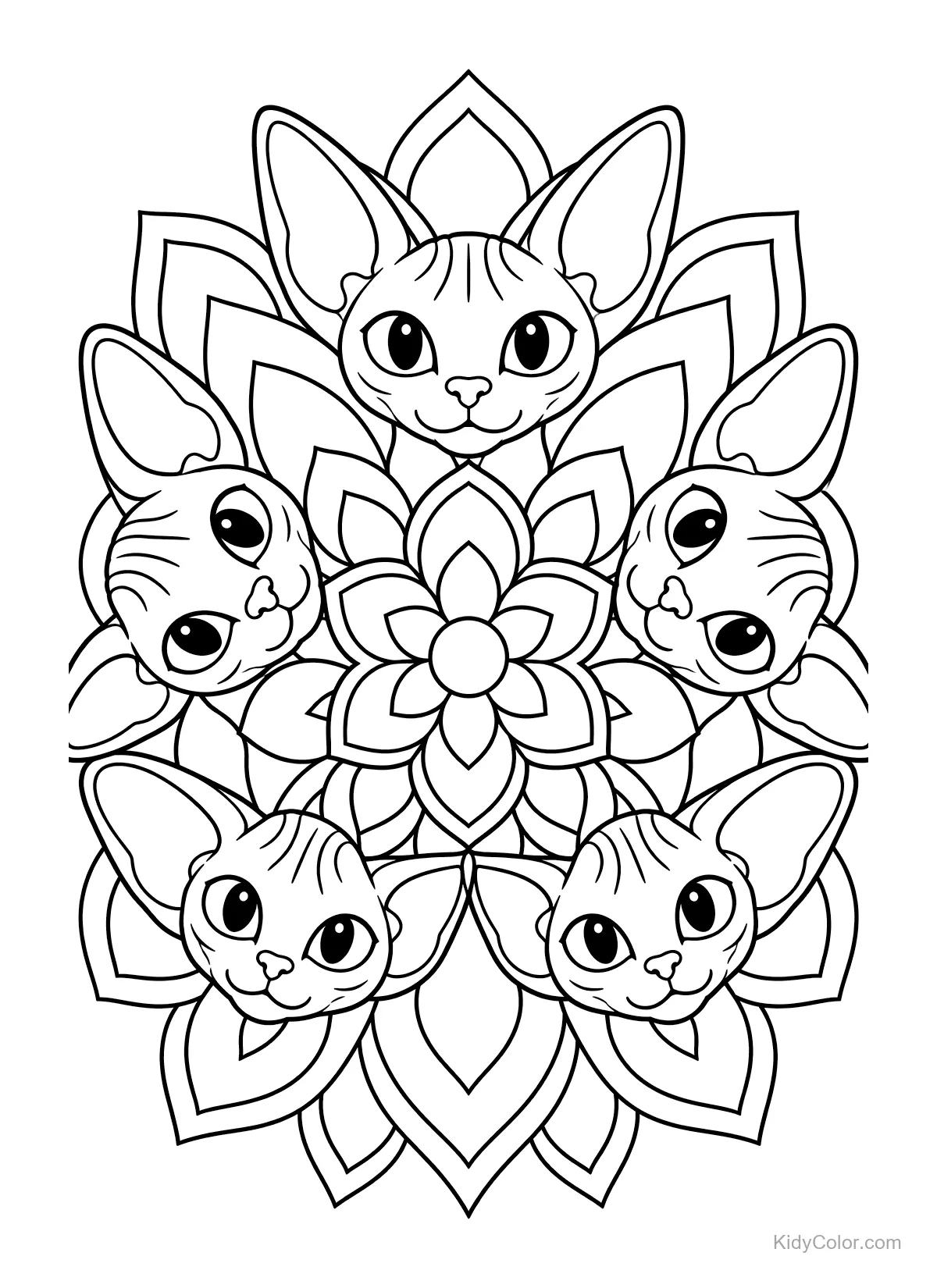 Mandala with five Sphynx cat faces and floral patterns.