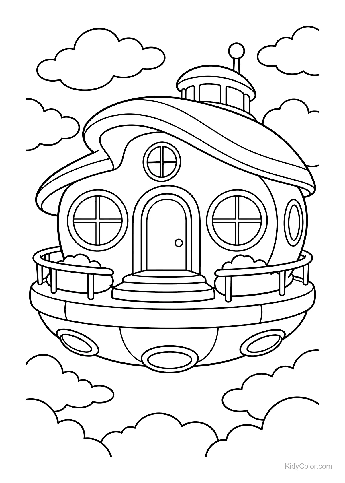 Casa futuristica rotonda che fluttua tra le nuvole con un balcone.