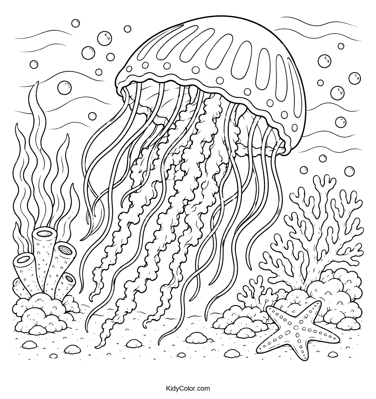 A jellyfish floating in the ocean with seaweed, coral, and bubbles.