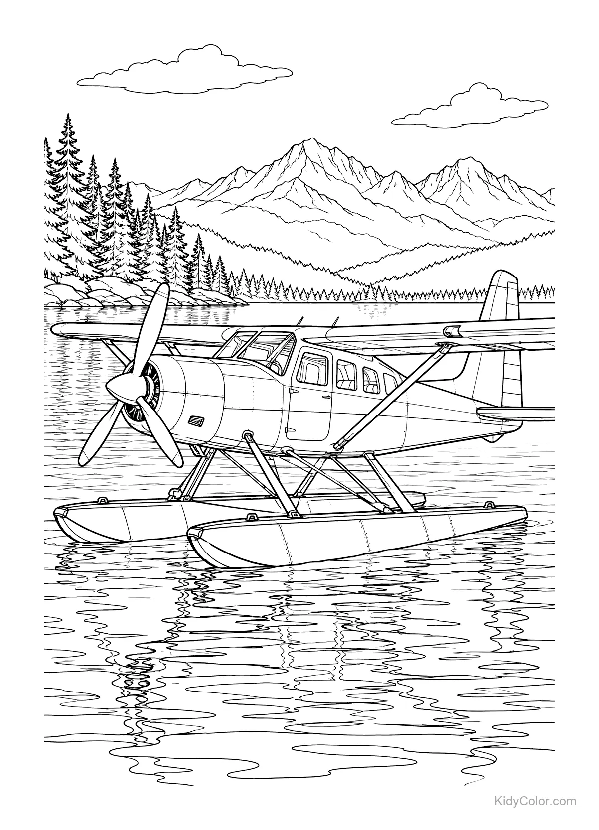Floatplane on a mountain lake with distant mountains and trees.