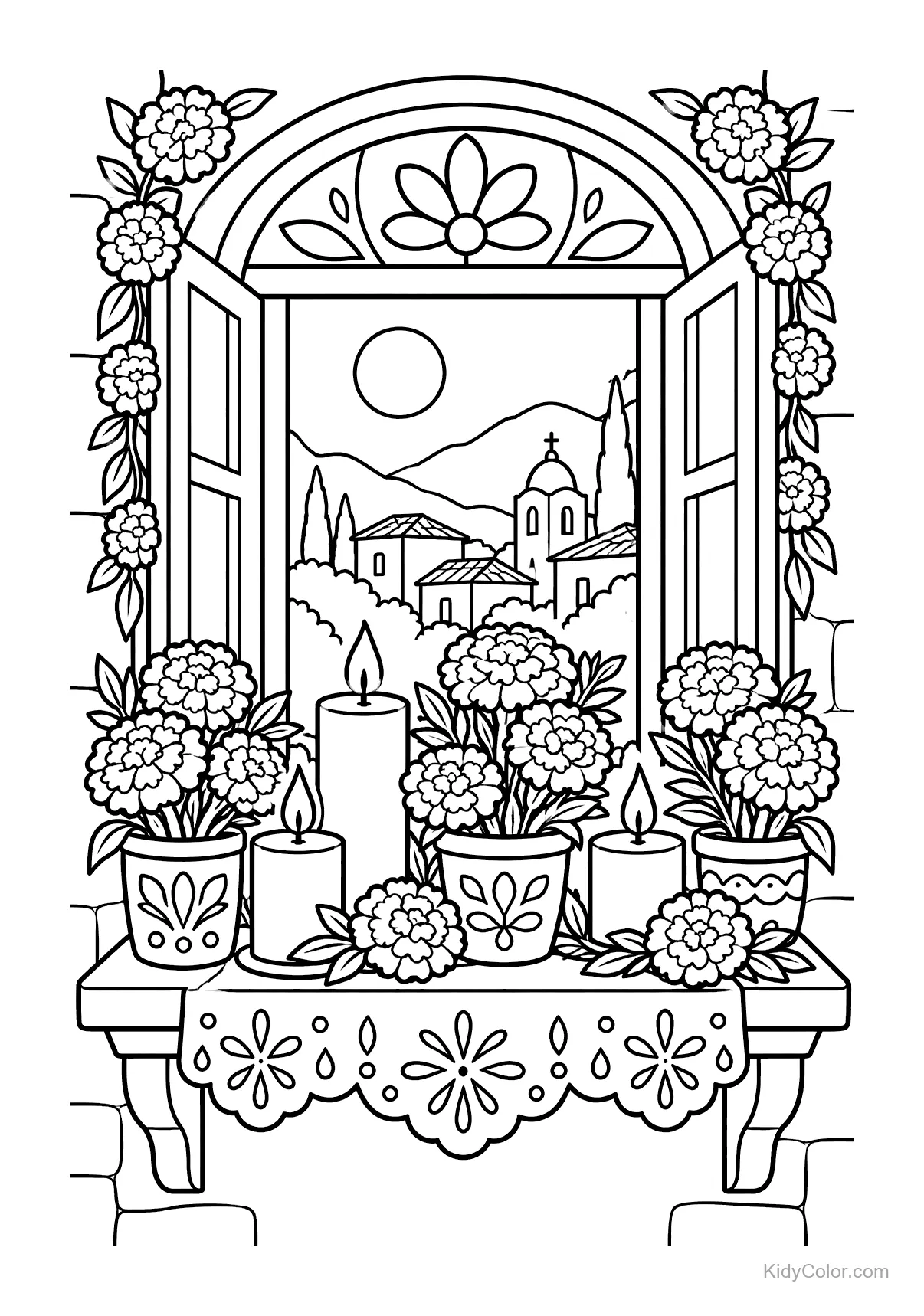 Arched window with flowers and candles overlooking a village.