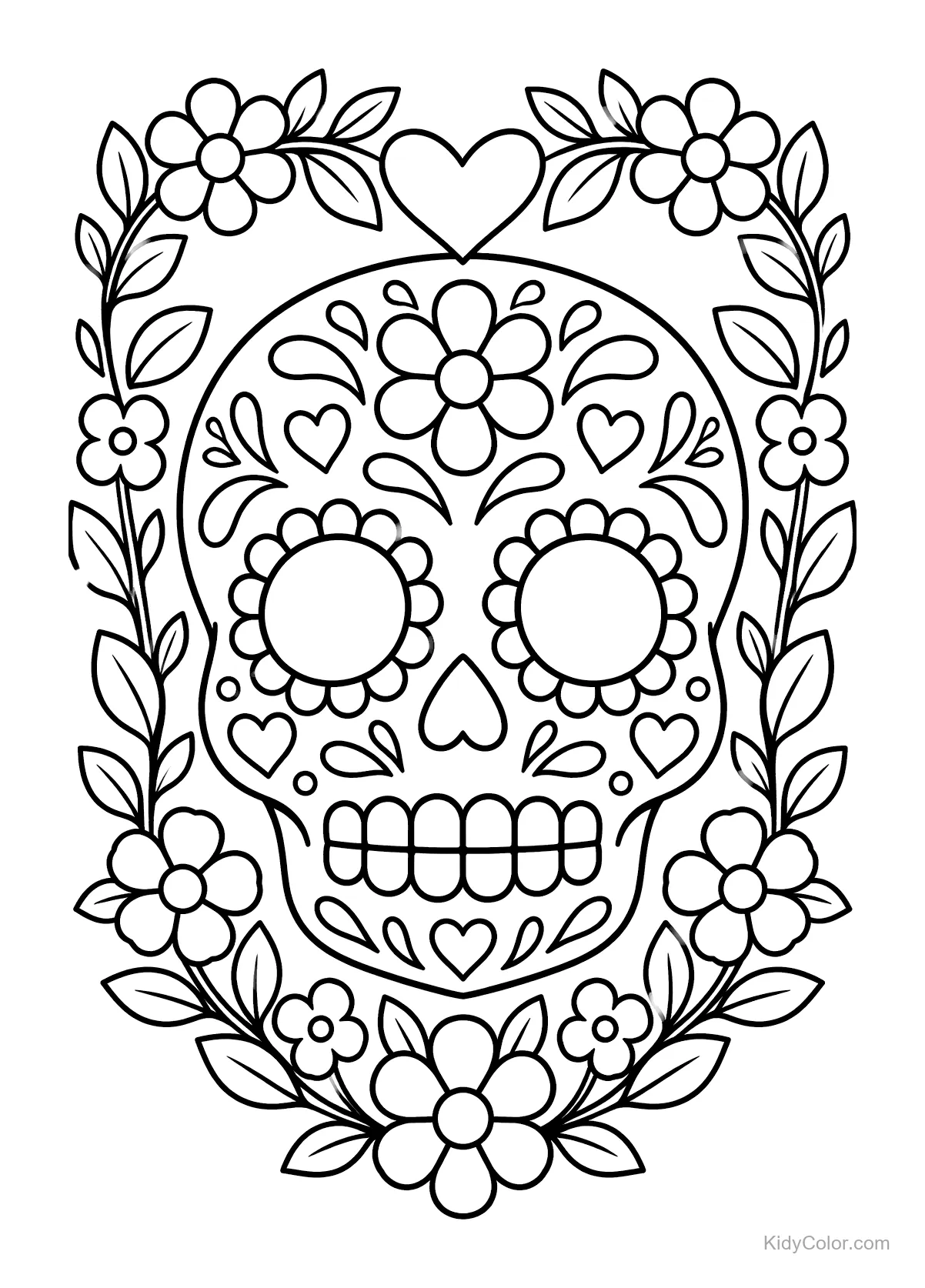 Sugar skull with heart-shaped floral wreath.