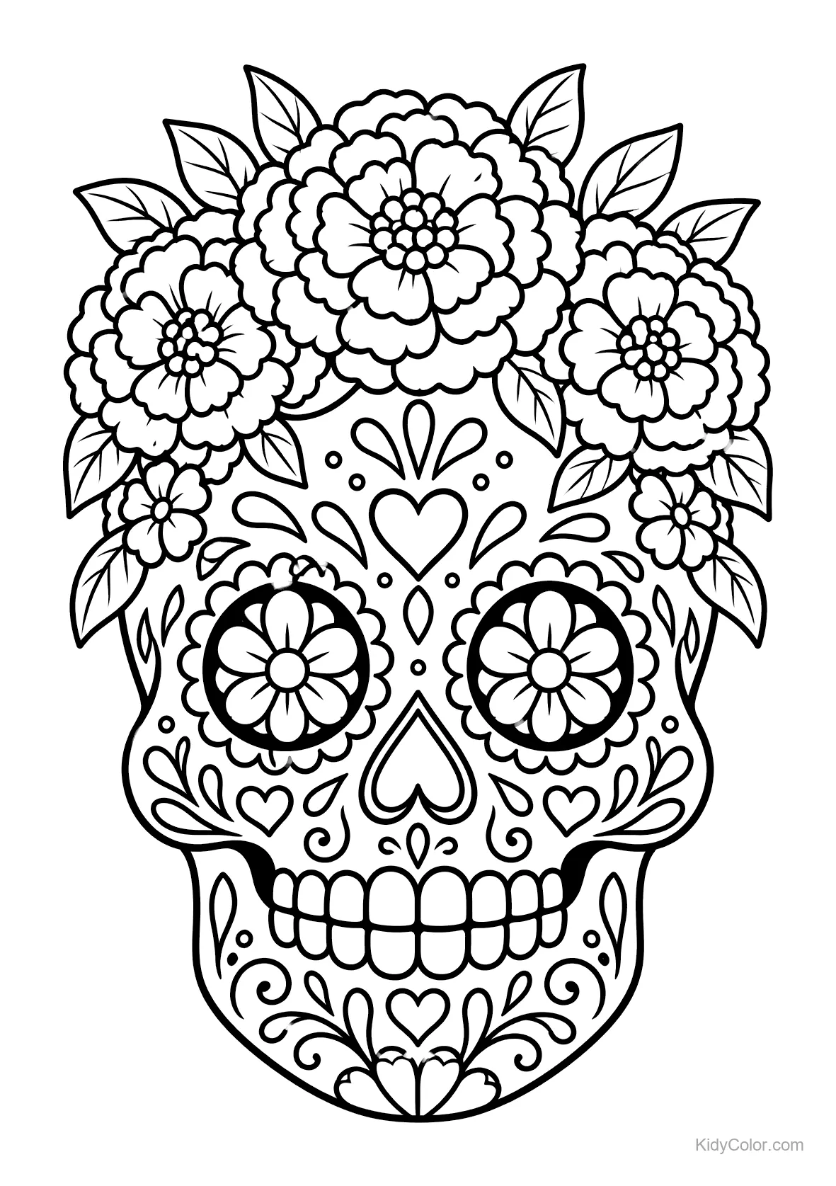 Decorative sugar skull with floral designs and marigolds.