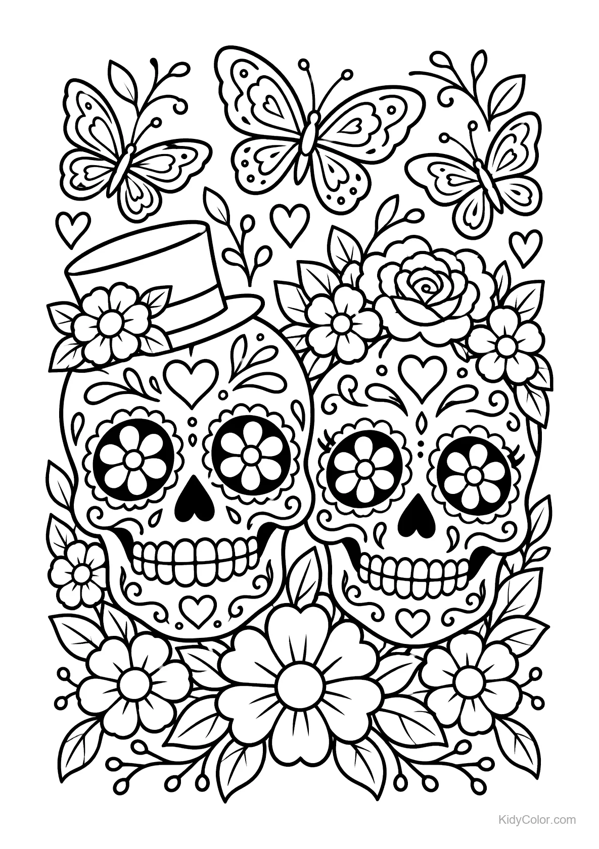 Two sugar skulls with floral patterns and butterflies.