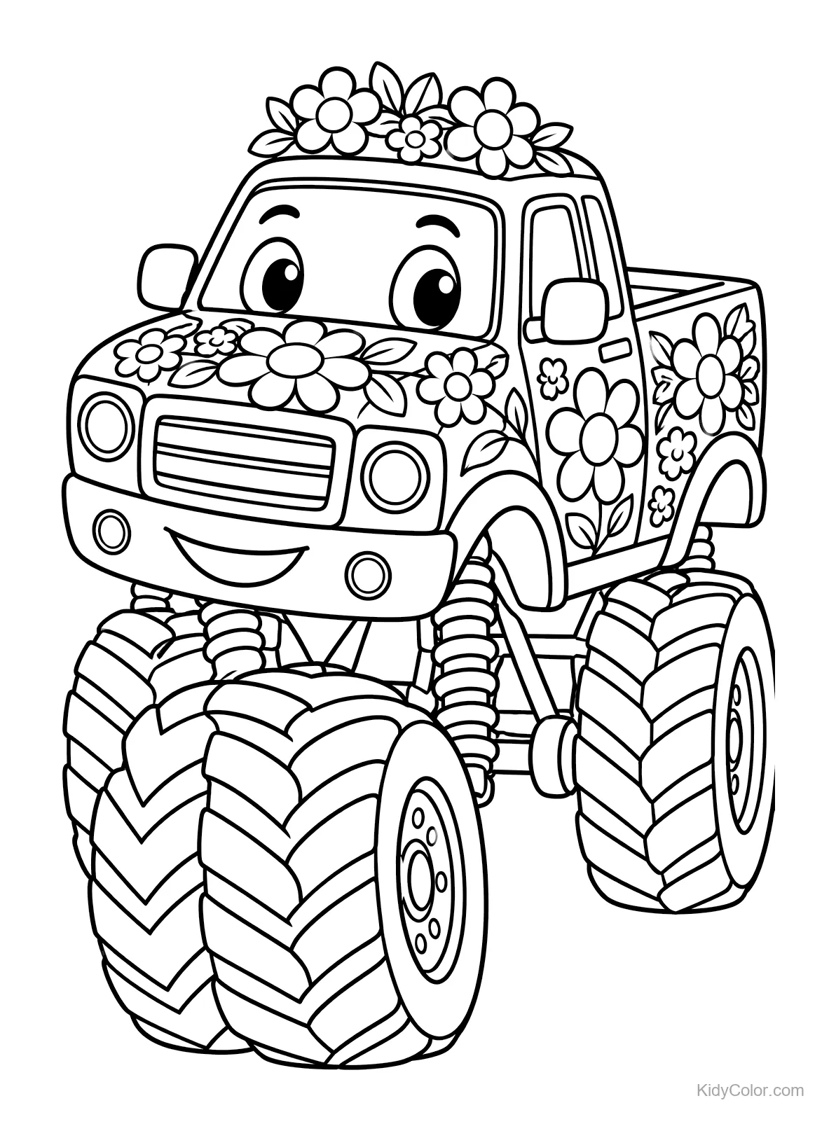 Camion monstre avec fleurs et gros pneus, visage souriant.