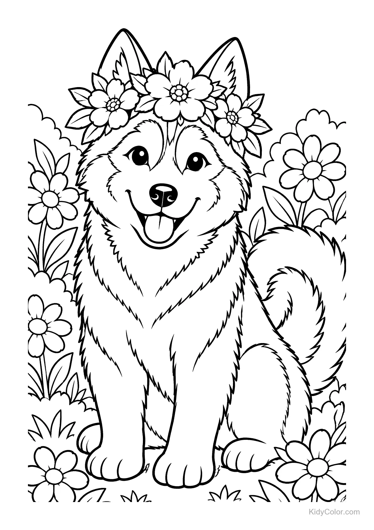 Husky met bloemenkrans zittend in een tuin met bloemen.