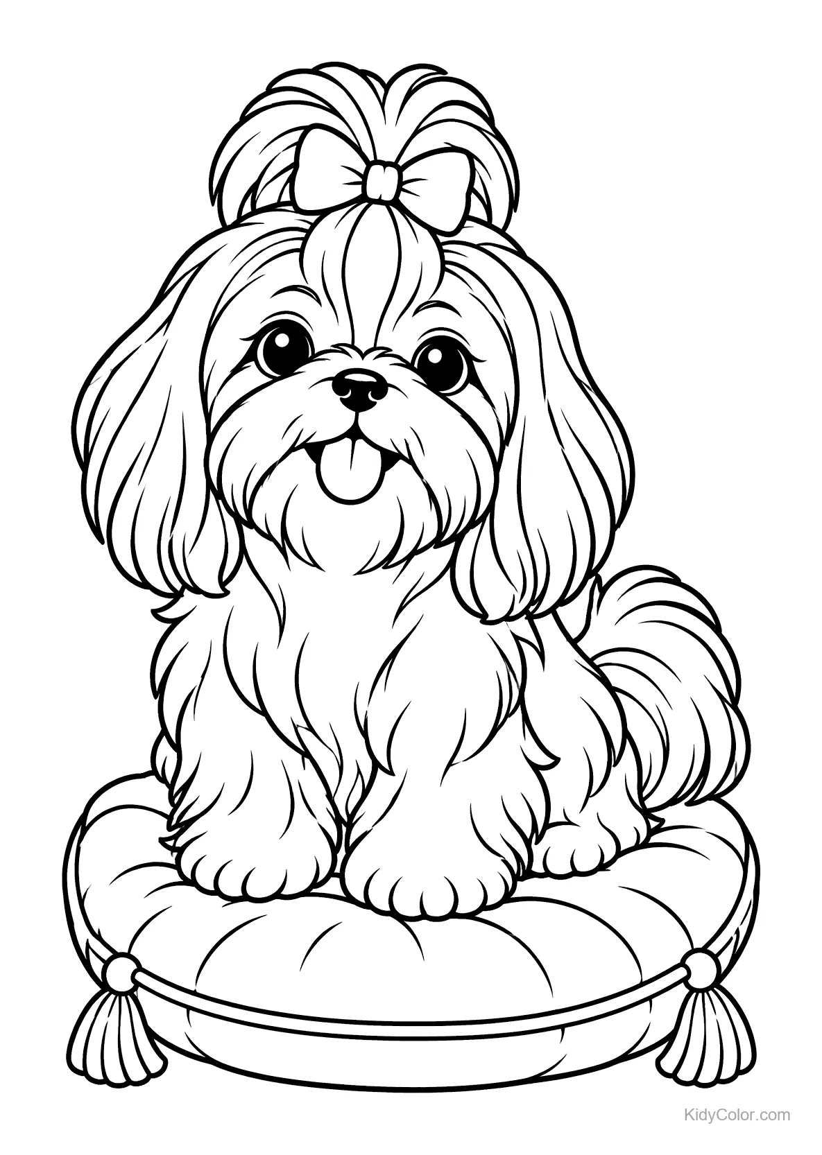 Fluffy dog with a bow sitting on a cushion, line art.