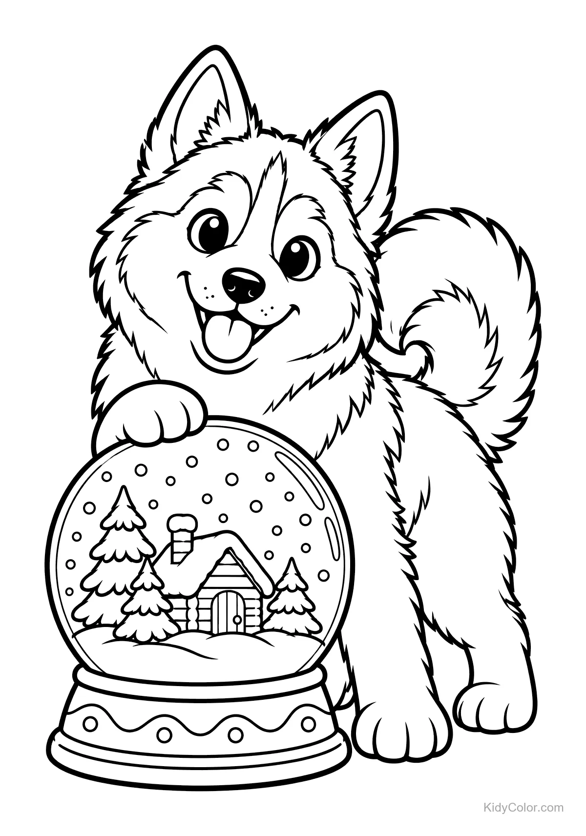 Husky duveteux à côté d'une boule à neige avec un chalet.