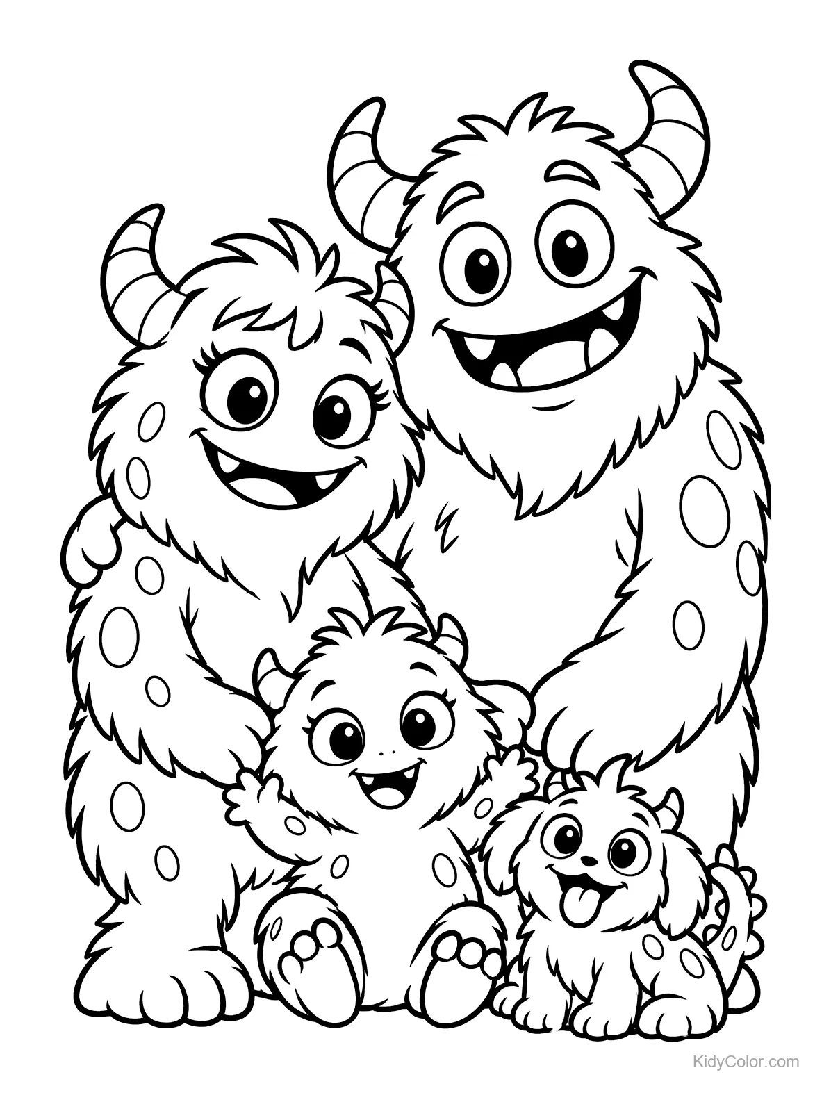 Família de monstros fofinhos com chifres sorrindo juntos.
