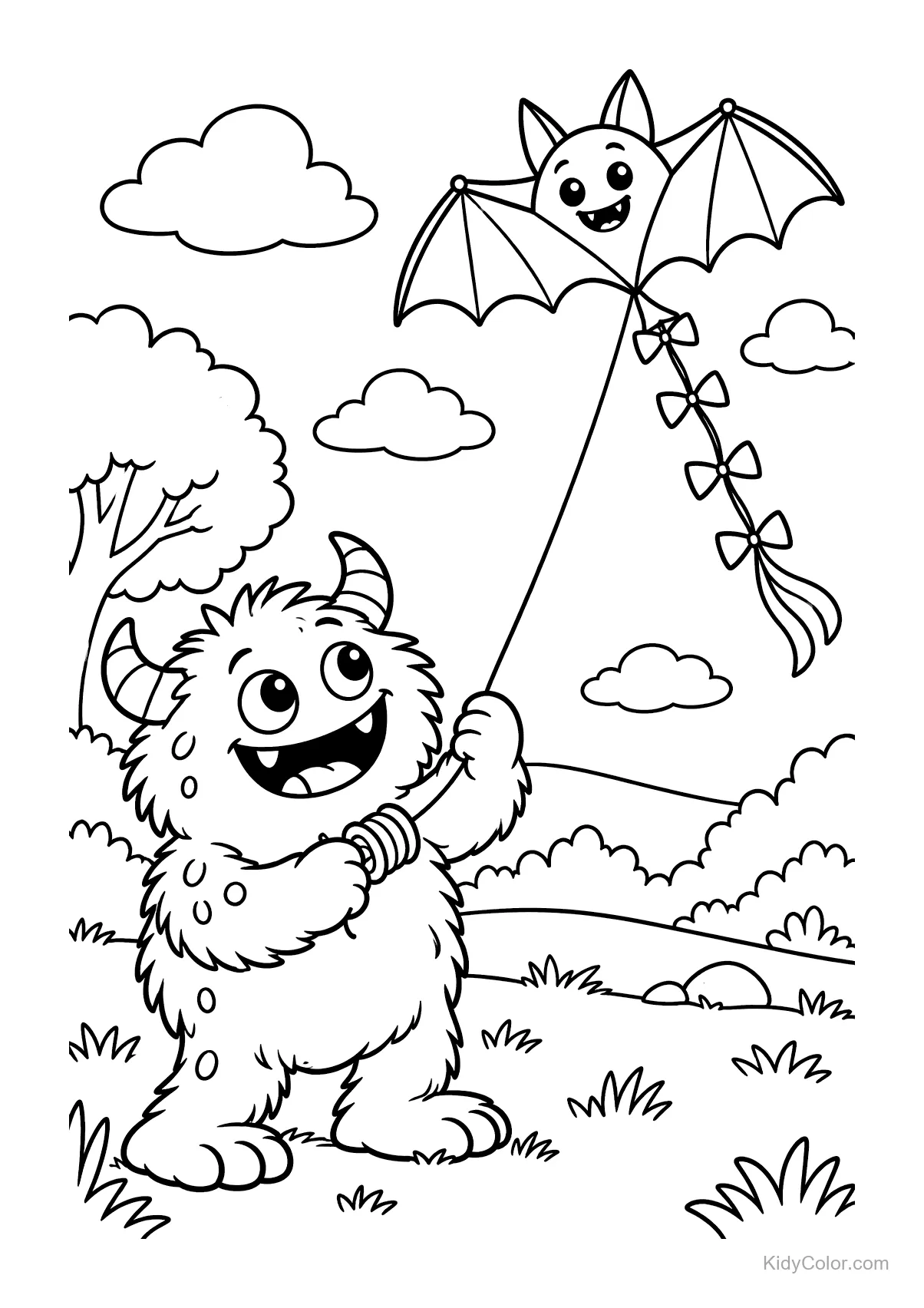 Monstro peludo voando uma pipa de morcego sorridente no campo.