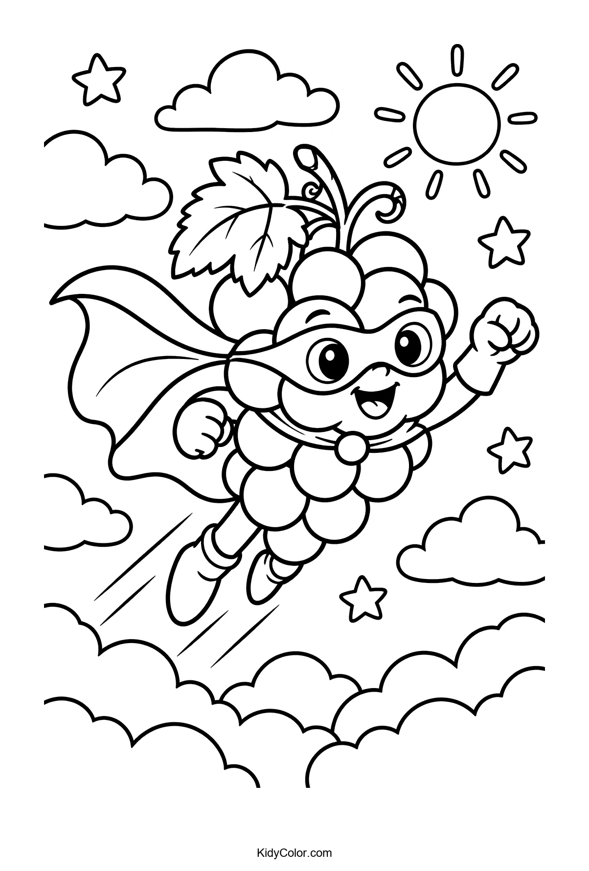 Flying grape superhero with a cape, eyes, and smile, surrounded by clouds and stars.